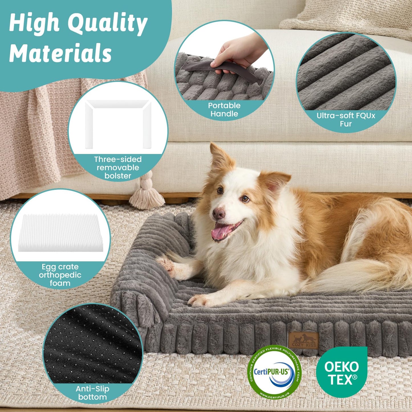 COZY KISS Cute Dog Bed, Faux Fur Orthopedic Foam Dog Bed with Sides, Removable Washable Cover & Waterproof Lining, Comfortable Pet Couch for Extra Large Dogs, Grey (48" L x 35" W x 7.5" Th)