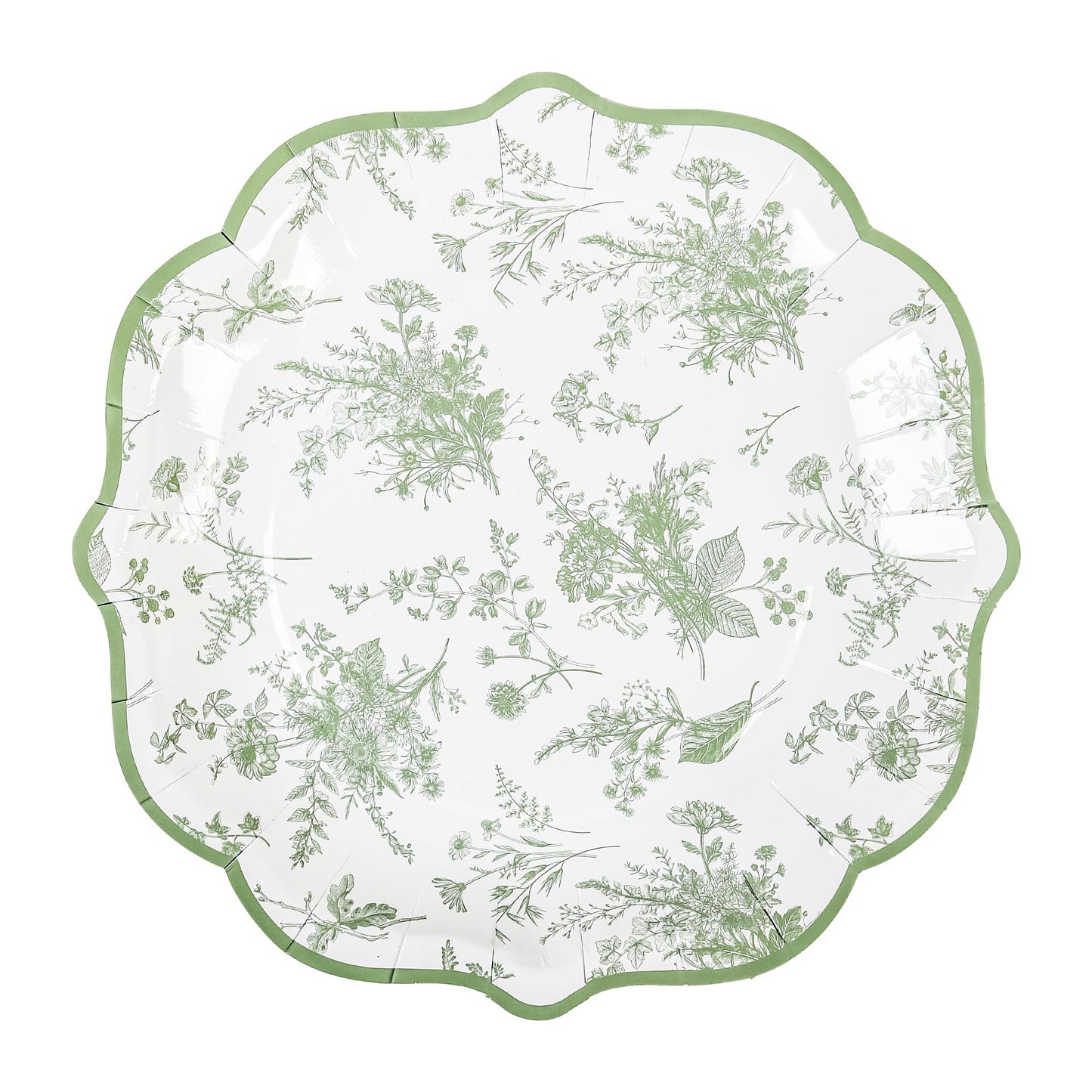 Elyxio Sage Green Floral Party Plates White Green Toile Disposable Paper Plates Flower Leaf 9" Scalloped Edge Dinner Plates for Bridal Baby Shower Wedding Tea Party Supplies Table Decor (48)