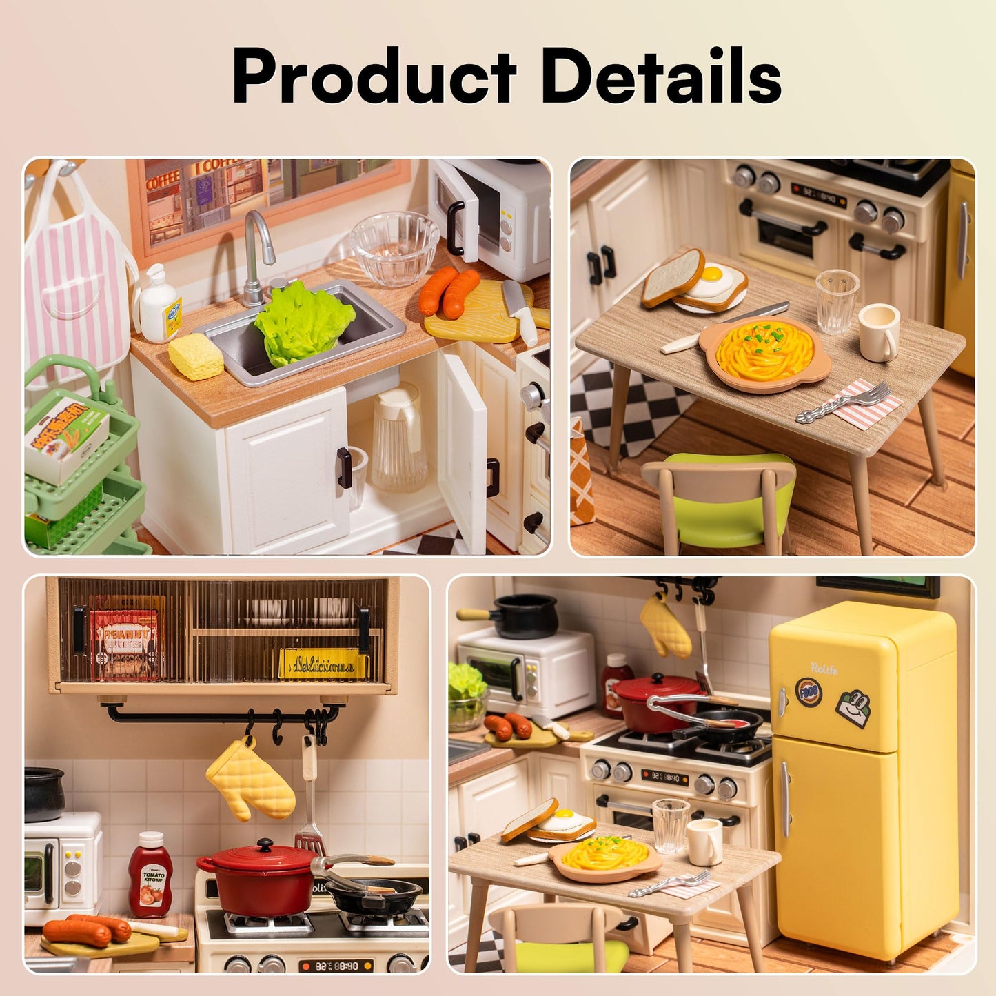Rolife DIY Miniature Plastic House Building Set Toys Playset with LED Suitable for Mini Figures Construction Toys Diorama Kit Gifts for Adults (Happy Meals Kitchen)