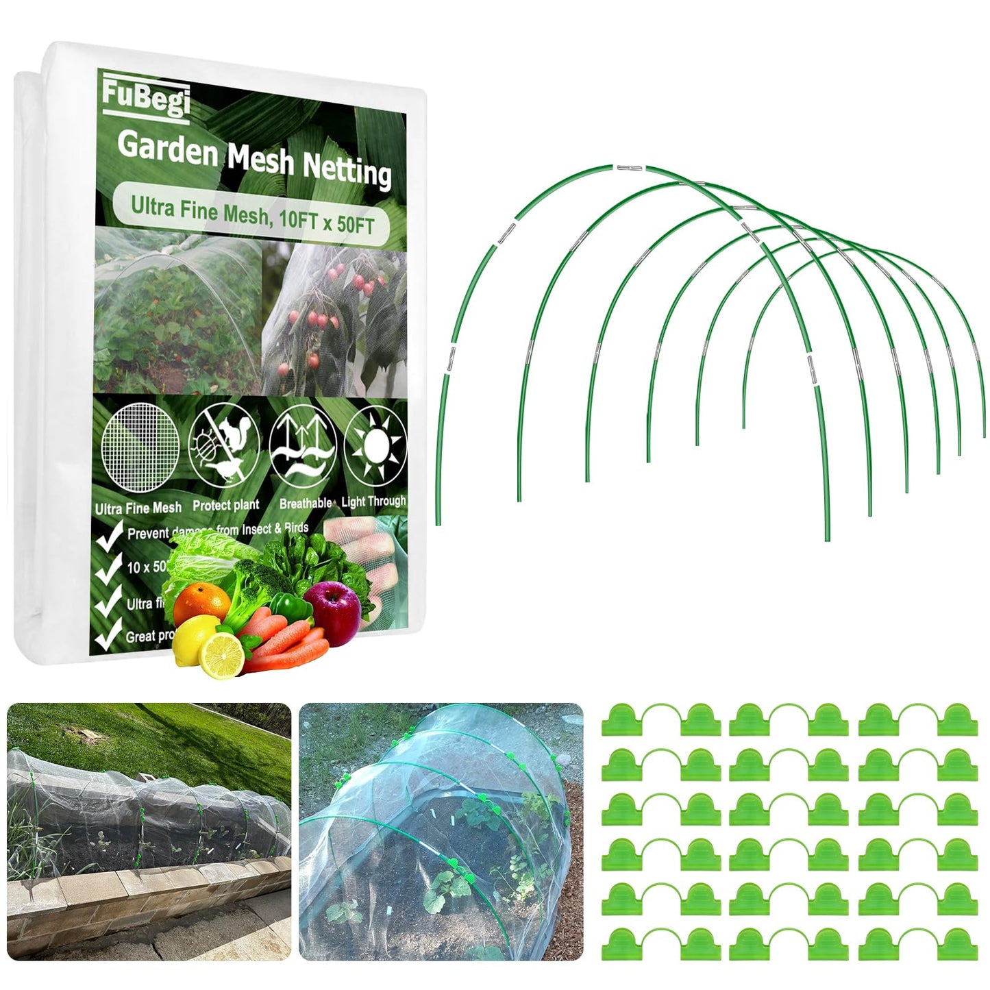 Garden Hoops and Netting for Raised Bed, 10x50ft Ultra Fine Mesh Garden Insect Netting Bug Net Pest Barrier, 36pcs 8ft Greenhouse Grow Tunnel Hoops Frame Bird Mosquito Netting for Garden Protection