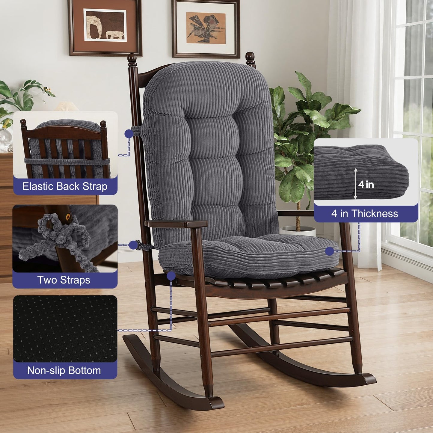idee-home Rocking Chair Cushions Indoor, Glider Rocker Replacement Cushions with Removable Corduroy Cover, Wooden Rocking Chair Pad High Back, Non-Slip Bottom Tufted Seat Pads with Ties, Grey