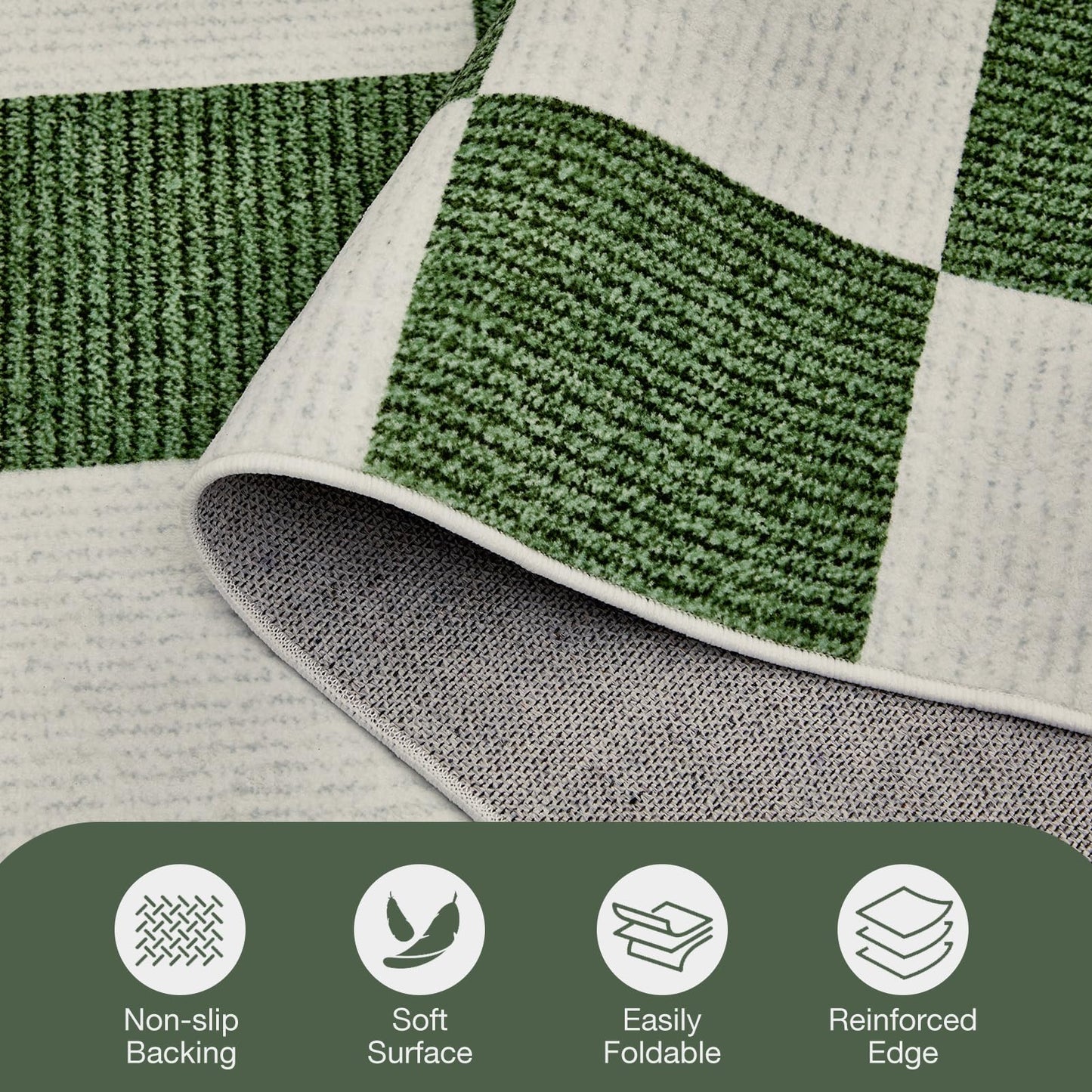 Area Rugs 5x7 for Living Room, Washable Low-Pile Checkered Boho Large Rug for Bedrooms, Non-Slip Soft Flat Print Plaid Carpet for Classroom, ‎Dining Room, Office, Kids Playroom(Green and White)