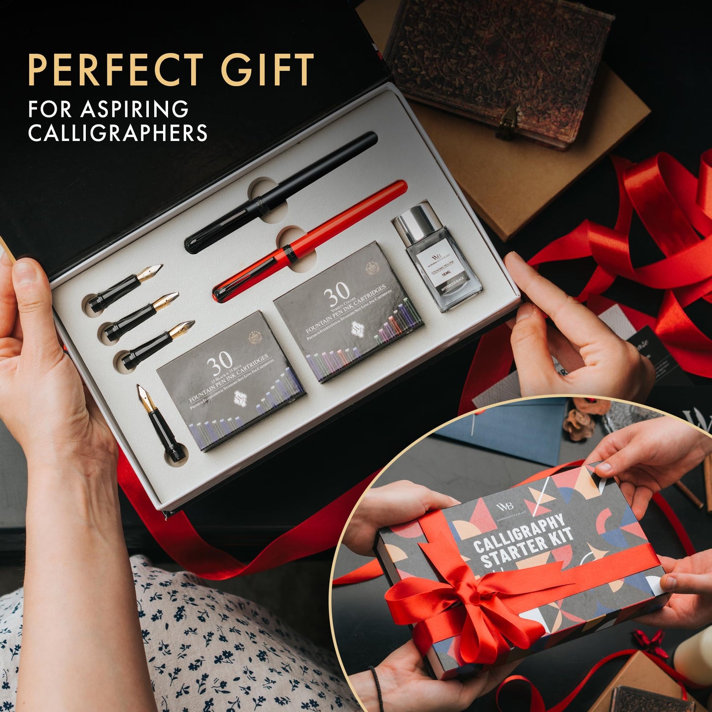 Wordsworth and Black Calligraphy Pen Set - Black - Includes 2 Calligraphy Pens, 18 ML Ink Bottle, 60 Ink Cartridges, A Refill Converter, 1 Medium and 4 Broad Nibs, Brush Pen