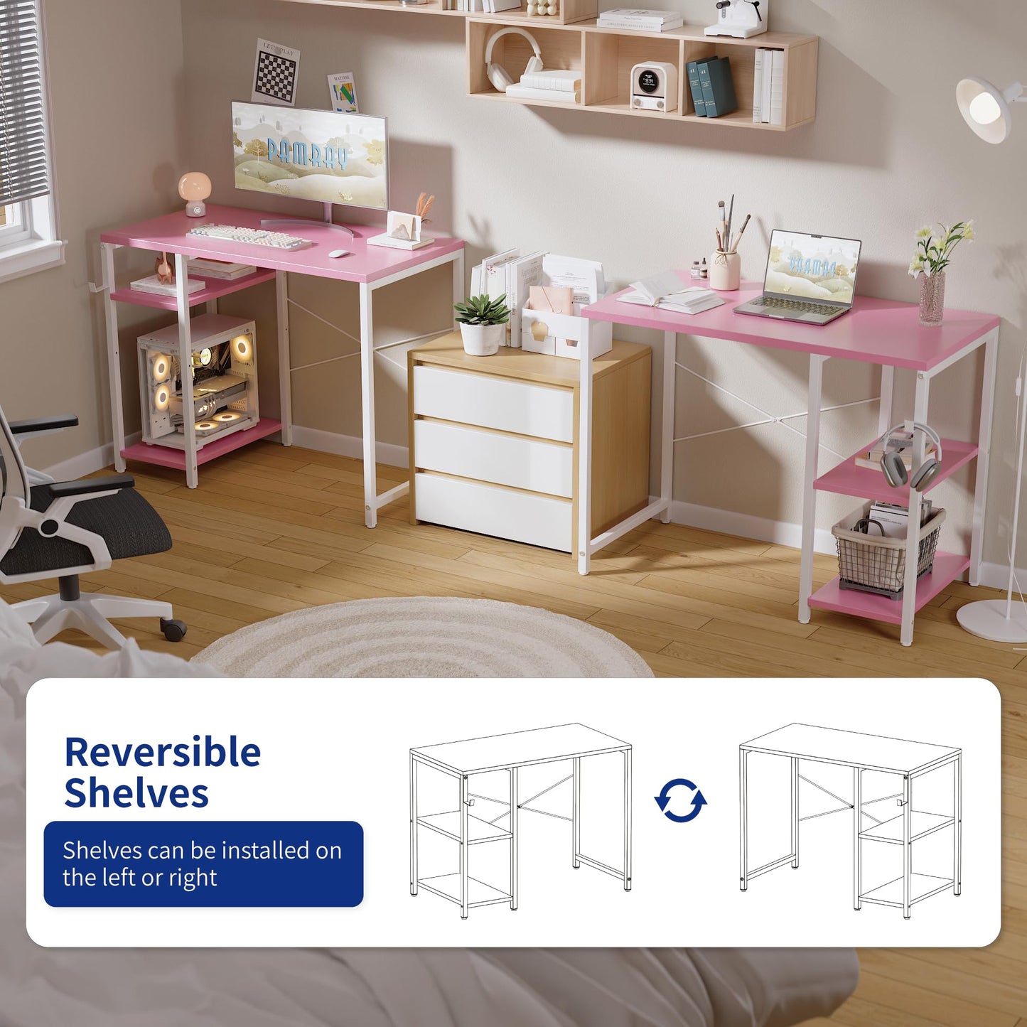 PAMRAY 32 Inch Small Computer Desk with Shelves, Home Office Desk with Headphone Hook for Bedroom, Study Writing PC Table for Small Spaces, Pink