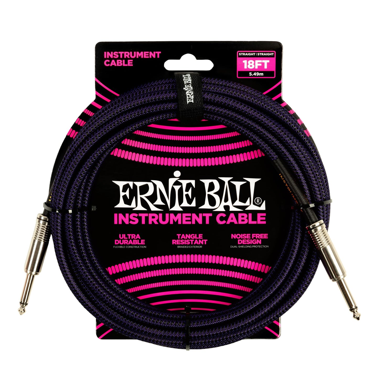 Ernie Ball Braided Instrument Cable, Straight Straight, 18ft, Purple/Black
