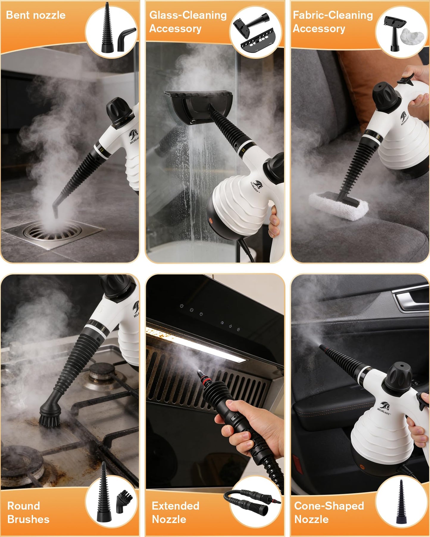 MLMLANT Steam Cleaner For Home, Multifunctional Handheld Steamer Cleaning with Safety Lock and 10 Accessories, Suitable for Tile, Sofas, Windows, Oven and More.