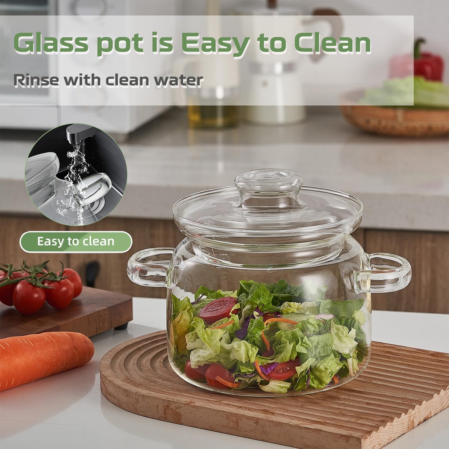 3L(96oz) Glass Cooking Pot with Lid，Handmade Borosilicate Glass Stockpot with Graduations - Glass Saucepan with Cover for Cooking and Serving