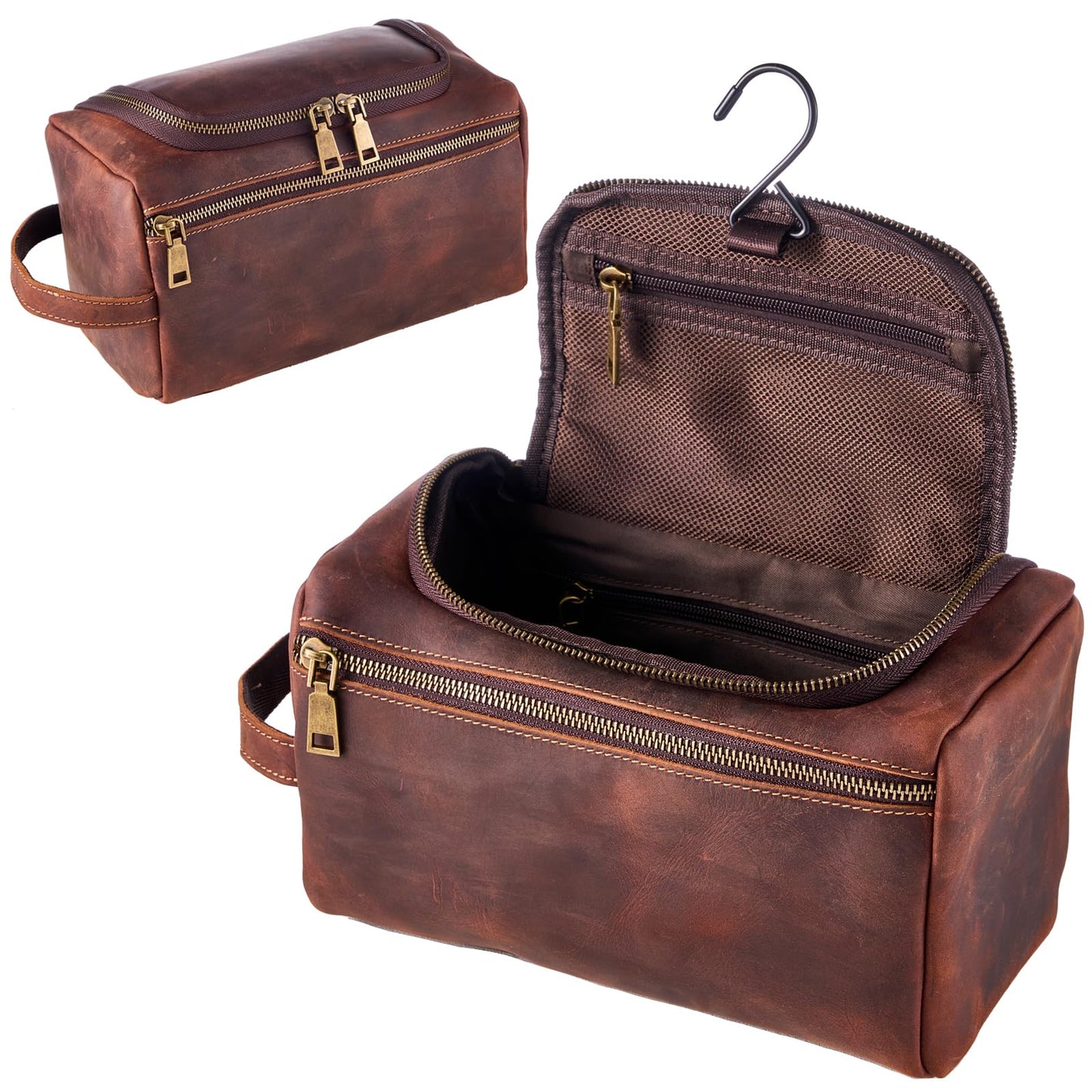 EURYNOME Leather Unisex Toiletry Bag Travel, Genuine Leather Shaving Dopp Kit - Leather Mens Toiletry Bag With Hook -Leather Makeup Cosmetic Organizer Kit - Men Travel Toiletries Bag Groomsmen Gift,
