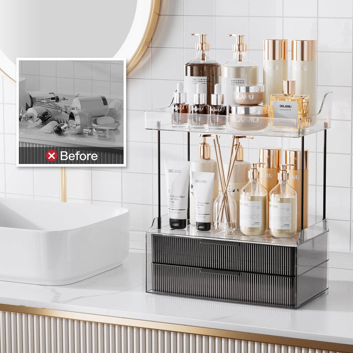 Delamu 2-Tier 2-Drawer Bathroom Counter Organizer, Multi-Purpose Makeup Organizer Countertop, Ideal for Bathroom Storage, Vanity, Large Skincare, Perfume, Present, and More, Black, 2-Drawer