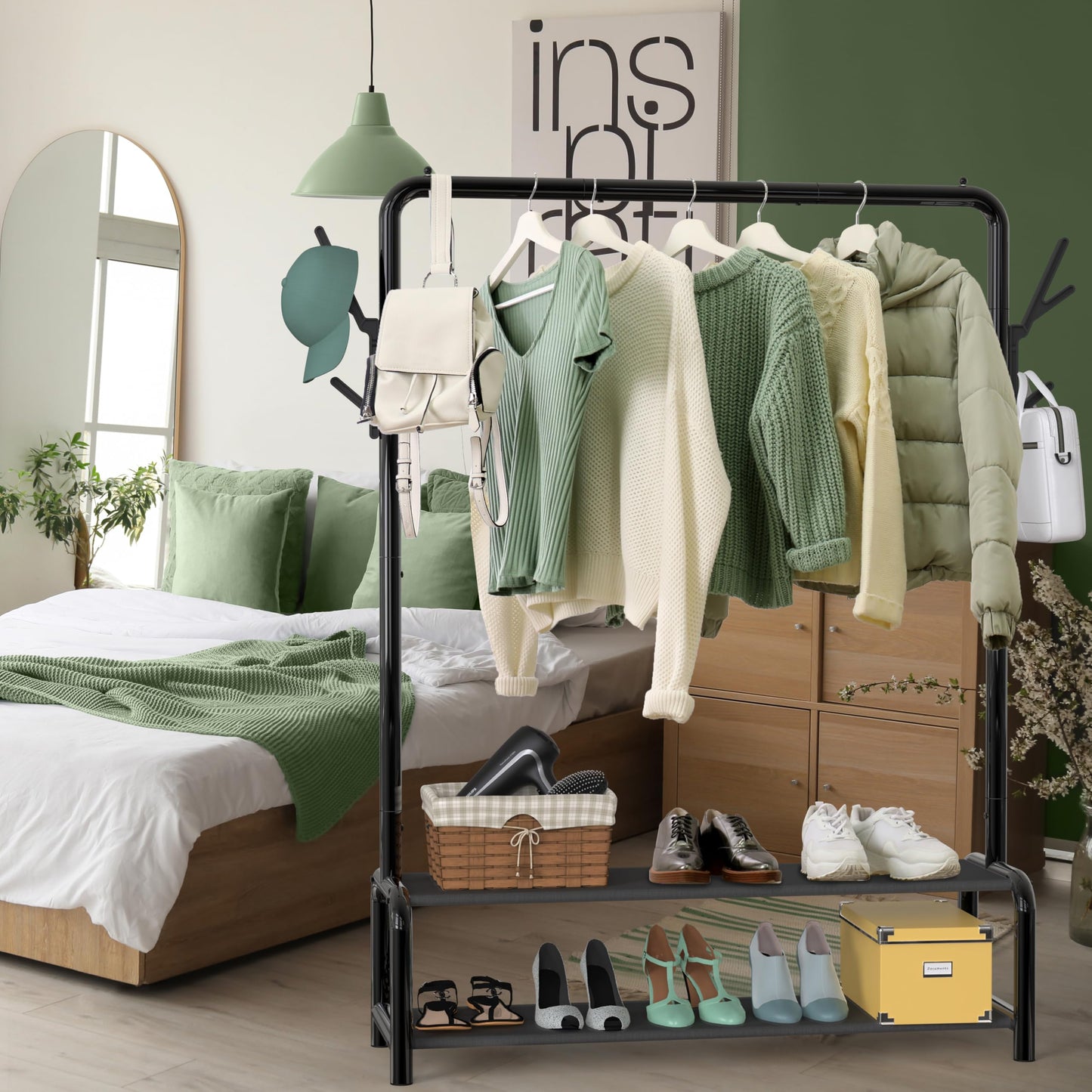 Simple Houseware 52-Inch Garment Rack with Storage Shelves and Coat/Hat Hanging Hooks, Black