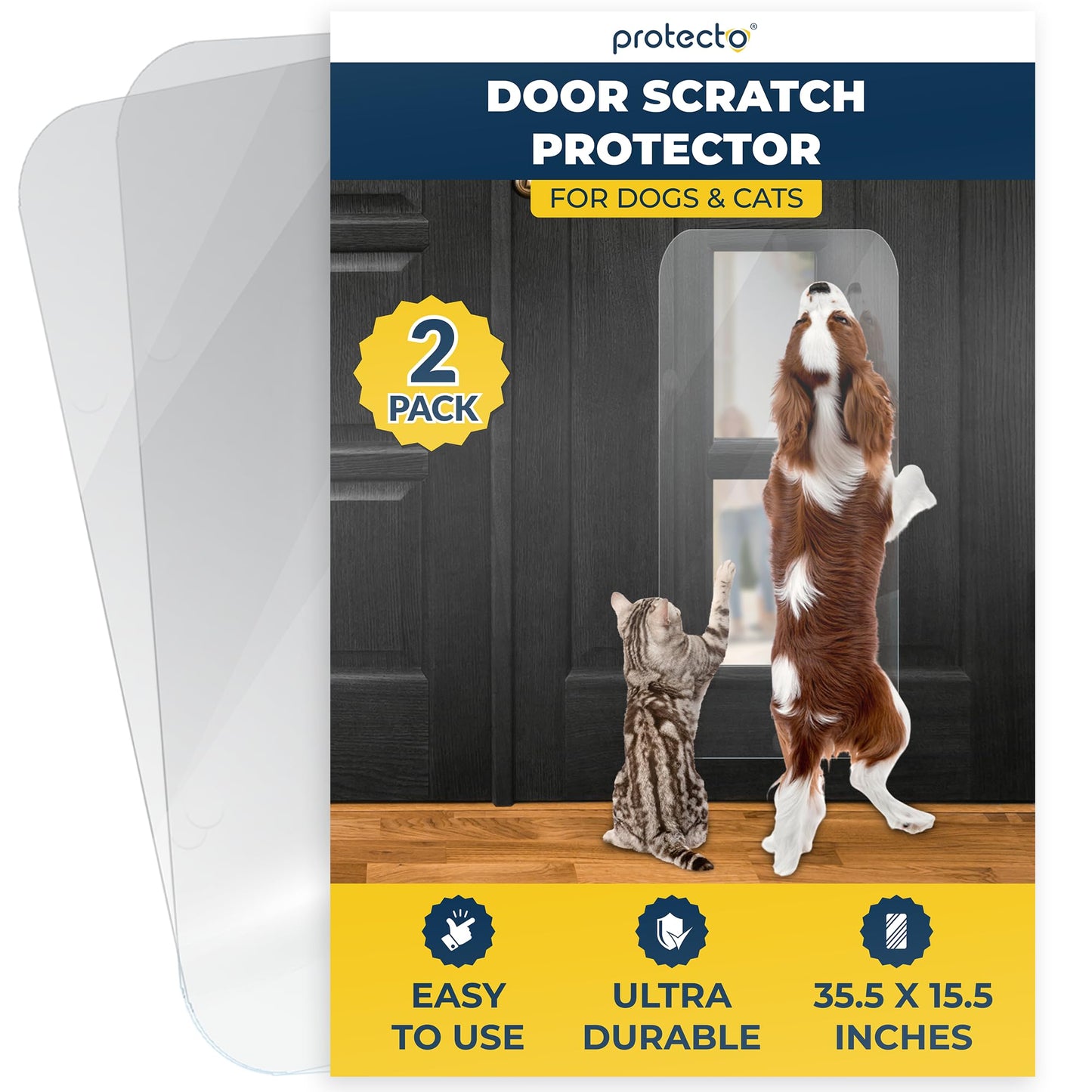 PROTECTO Door Scratch Protector – Dog & Cat Anti Claw Guard – 35 x 15” Heavy Duty Shield to Stop Pets from Furniture Scratching – Big, Durable & Clear - 2pcs