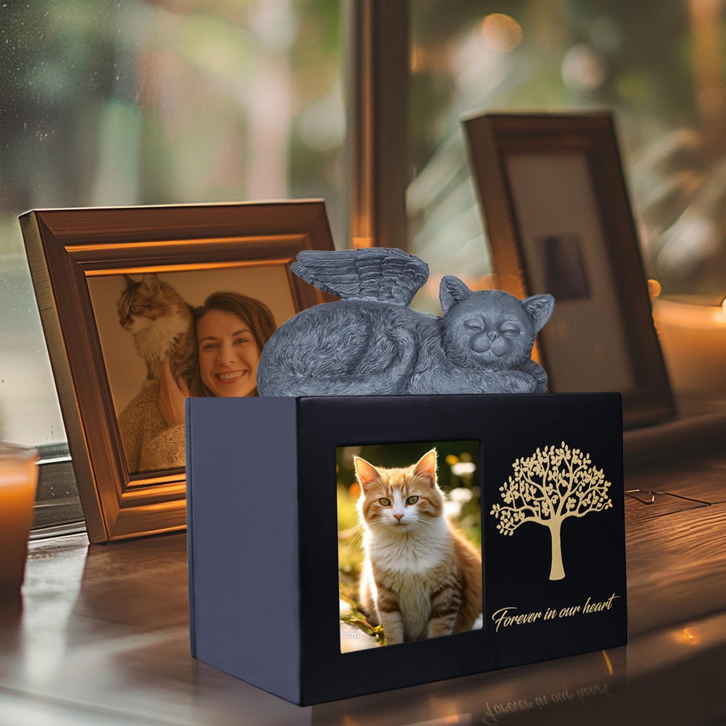 DiDiBirDi Pet Urns for Cats, Tree Pattern Wooden Keepsake with Photo Frame, Pet Ashes Keepsake Memory Box with Resin Animal Statue and Sealed Storage Bags (75lbs)（Black）