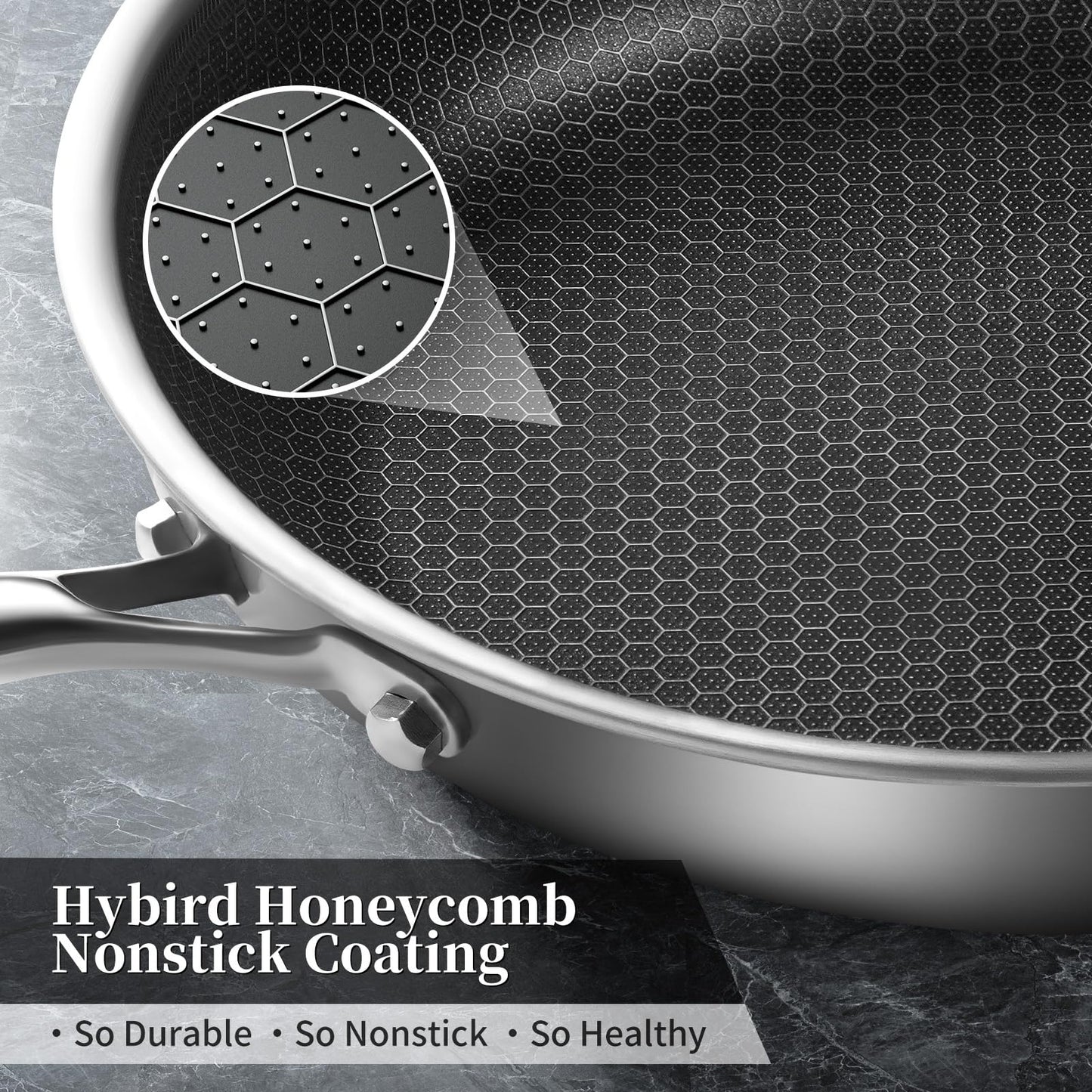 12 inch Tri-Ply Stainless Steel Frying Pan with Lid Large Nonstick Honeycomb Coatings Skillet for Eggs & Omelettes Non Toxic Healthy Omelette Pan Compatible W/All Cooktops