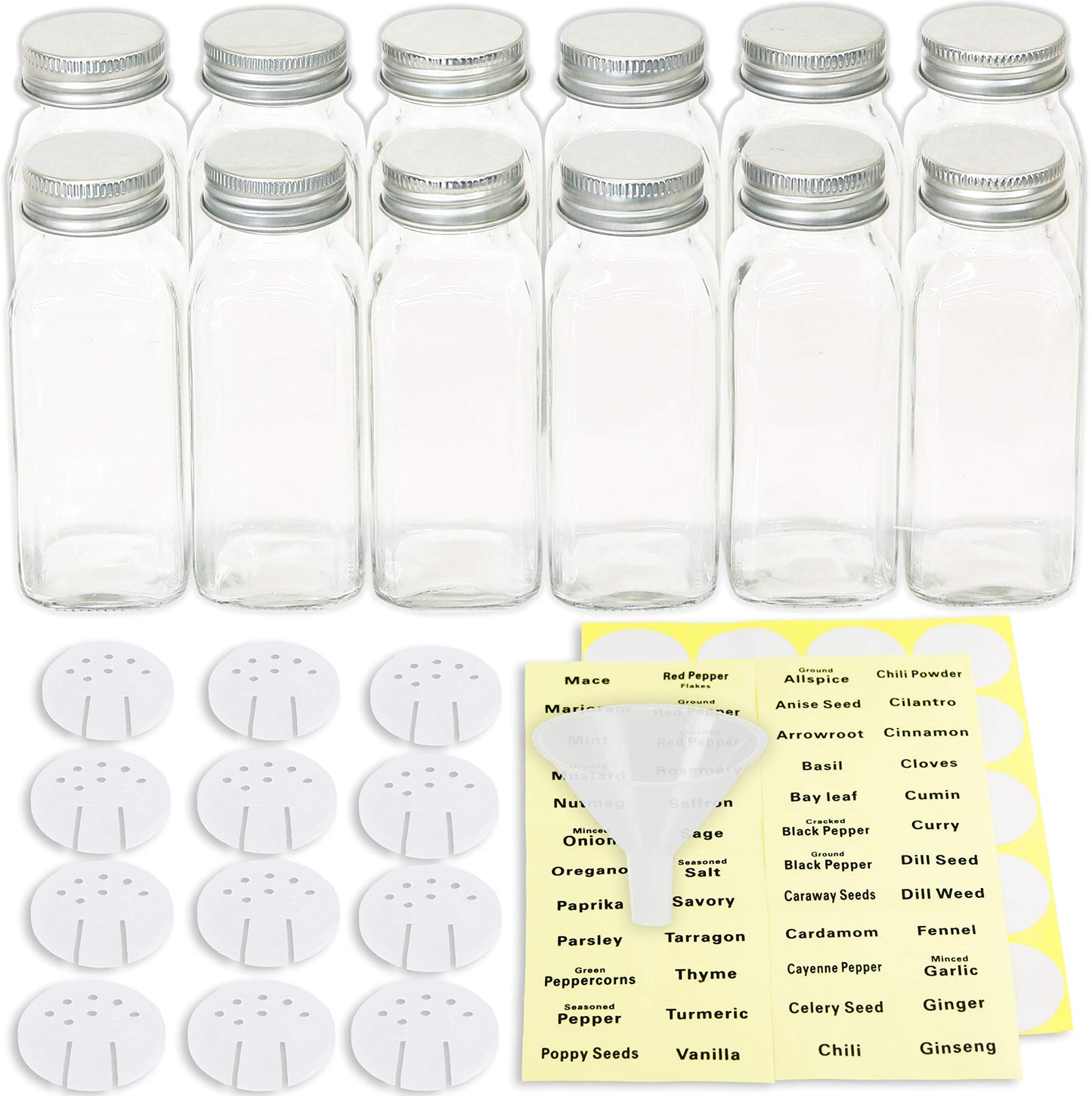 Simple Houseware Spice Jars 12 Pack-6oz Glass Square Bottles with Labels