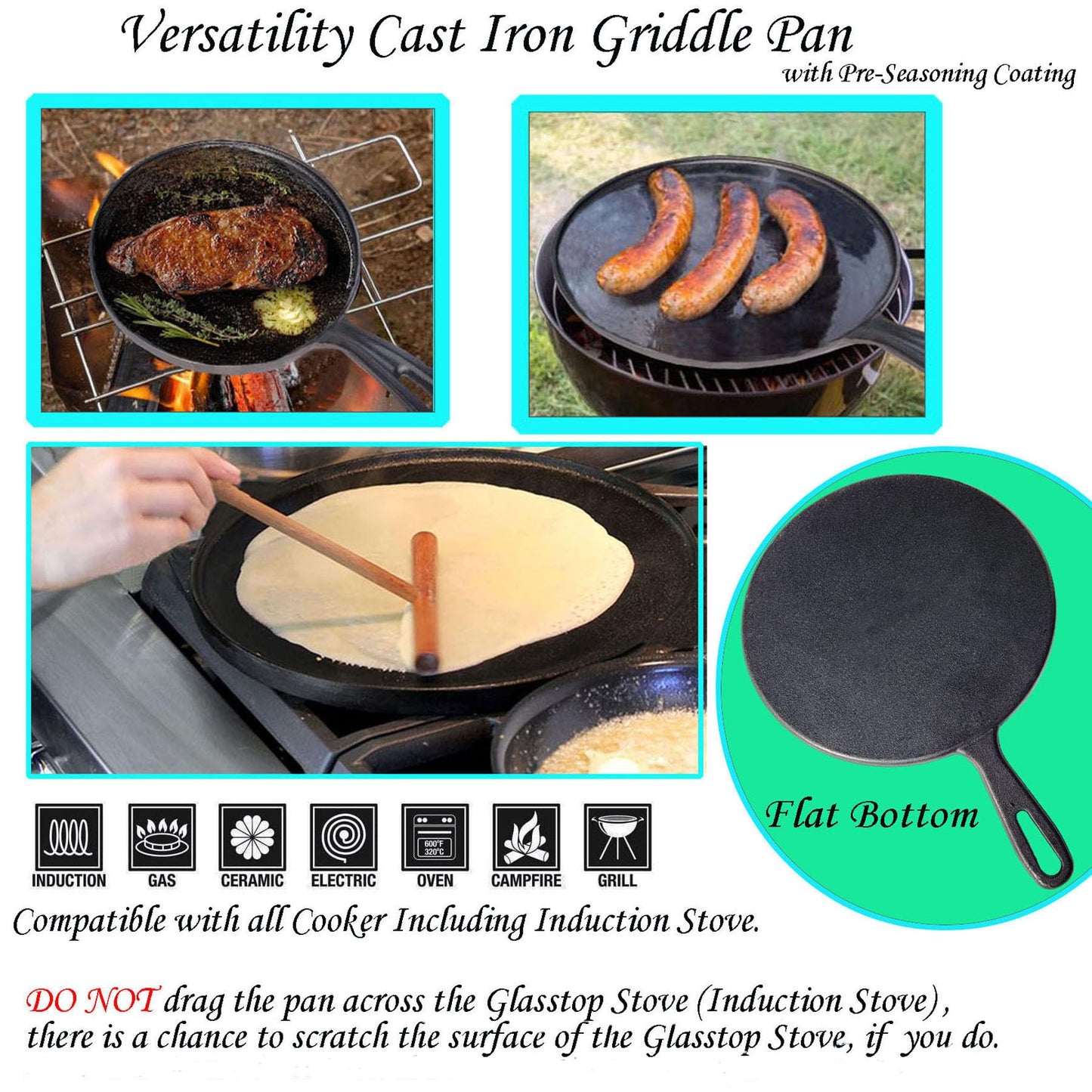 La Cuisine Crepe Tawa Pan for Roti Dosa Comale – Griddle Pizza Pan Pre-Seasoned Cast Iron, 11 Inch Diameter, PFOA Free, Oven Safe, Glasstop Induction Stove