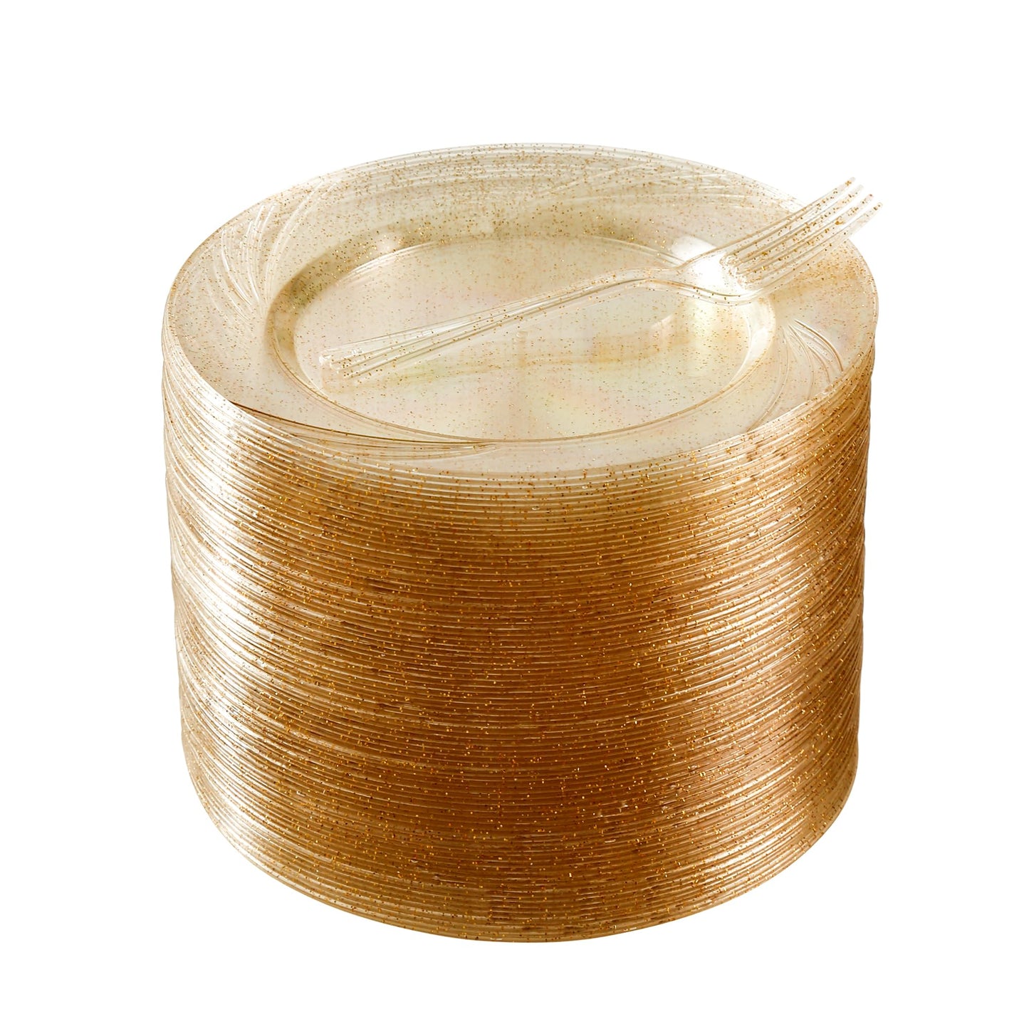 Conflech 120 Pieces Glitter Gold Plates with Plastic Forks, Gold Dessert Plates for 60 Guests, Heavy Duty Gold Plates, 60pcs 6.5" Gold Plastic Plates and 60pcs Plastic Forks Disposable Plates