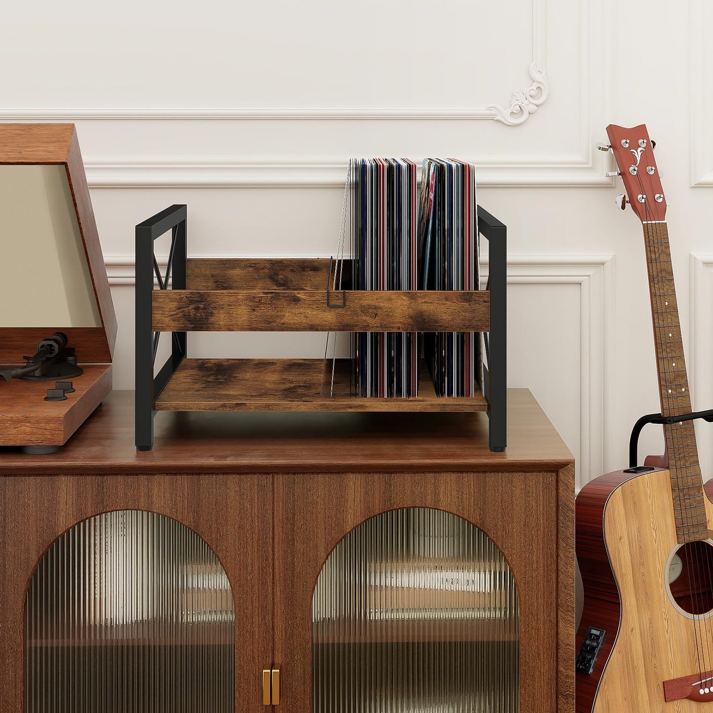 ELITEROO Vinyl Record Holder, Wooden Record Crate Fits 7” -12” Records, Vinyl Shelf Holds up to 50-100 Albums, DVDs, CDs or Files Wood Book Storage Stand Desktop Organizer Box, Rustic Brown