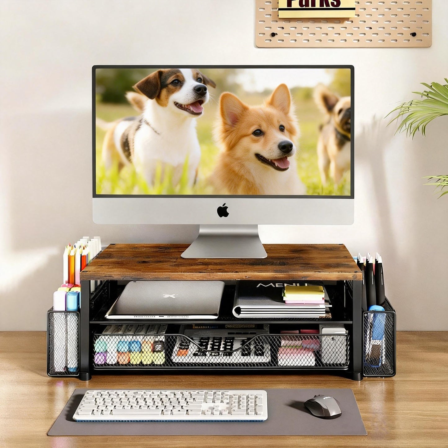 Wood Monitor Stand with Drawer & 2 Pen Holders | 2-Tier Desktop Monitor Riser & Desk Organizer for Computer, Laptop | Desktop Stand for Home Office Accessories (Brown)