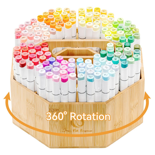 Ohuhu Rotating Marker Organizer for Alcohol Markers, 360-Degree Rotating Bamboo Desktop Storage Hold 162 Honolulu& B Markers, Pens Pencil Holder with 8 Compartments for Home Classroom Office Decor