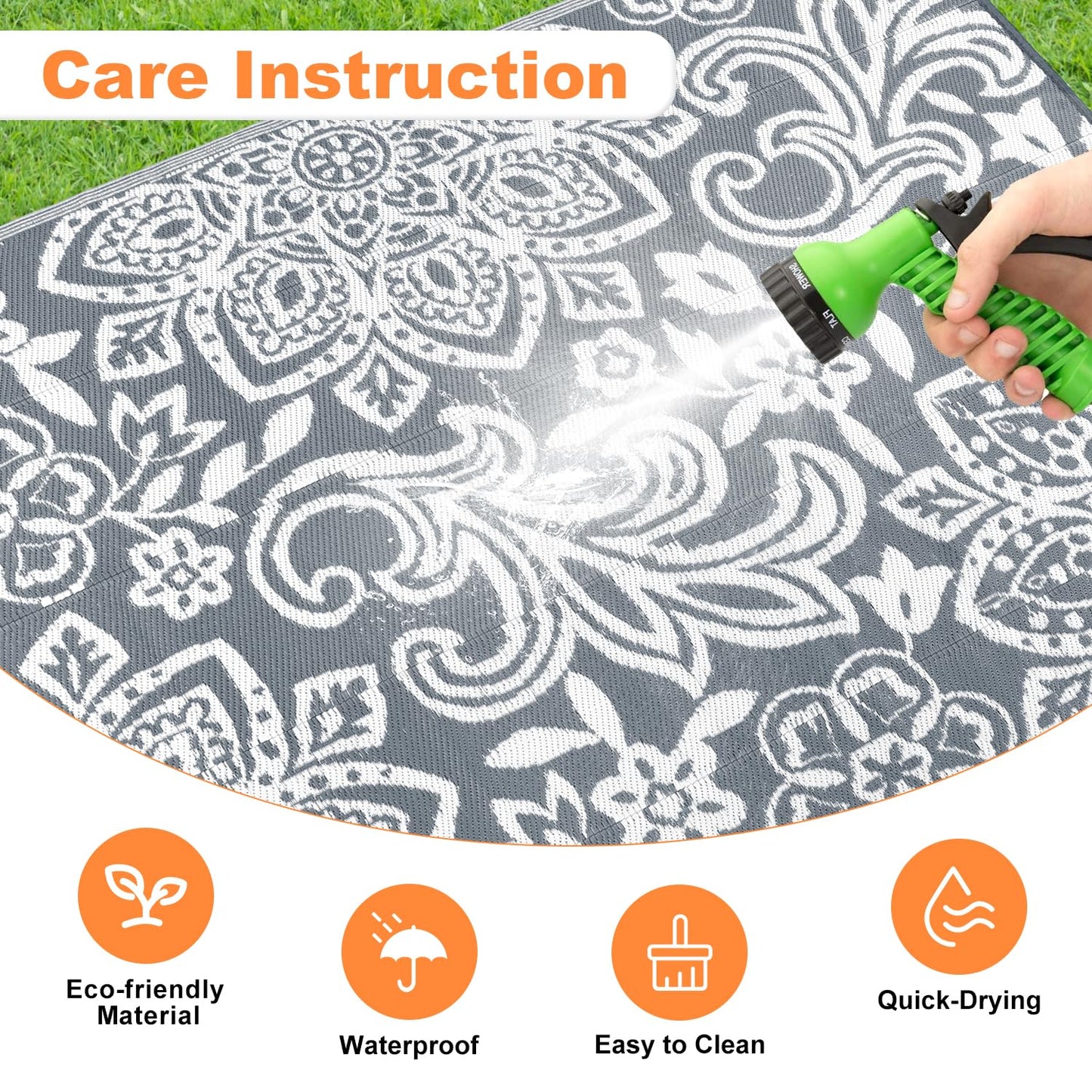 Findosom Waterproof Outdoor Rug 5' x 8' - Reversible Mandala Outdoor Plastic Straw Rug, Durable Foldable Patio Rug for RV, Deck, Balcony, Backyard, Picnic, Porch, Camping, Beach, Gray