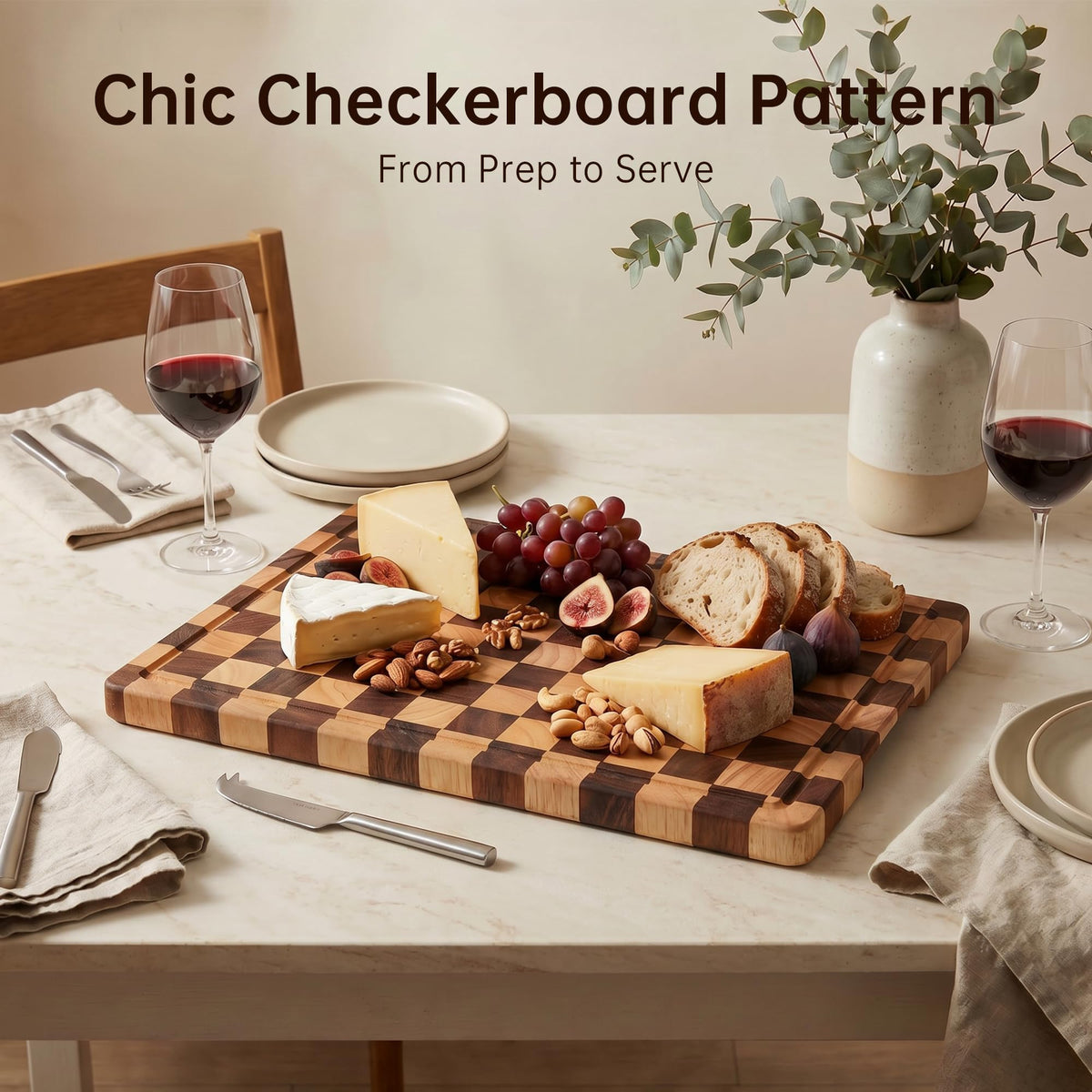 THETCHRY Cutting Boards for Kitchen, Checkered Cutting Board Upgraded, Acacia Wood Chopping Board with Juice Grooves & Handles, Large Butcher Block Serving Tray with Gift Box, 17" x 12" x 0.8"