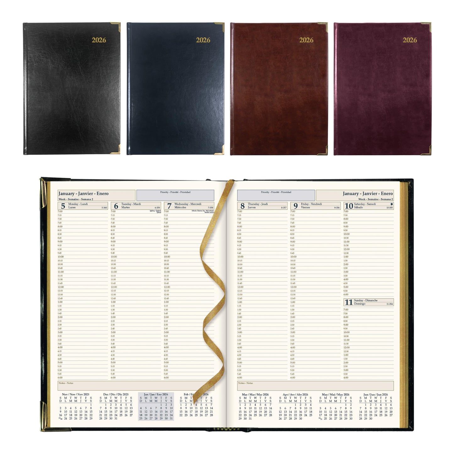 Brownline® 2026 Executive Weekly Planner, Appointment Book, 12 Months, January to December, Sewn Binding, 10.75" x 7.75", Assorted Colors, Trilingual (CBE512.ASX-26)