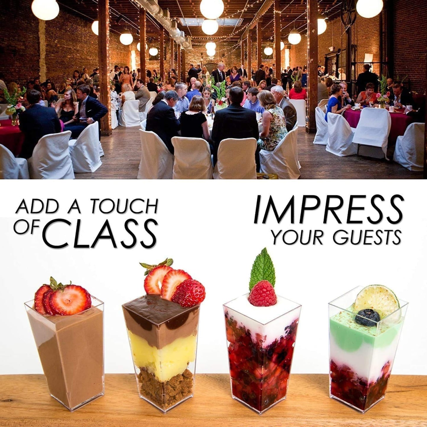 DLux 100 x 3 oz Mini Dessert Cups with Spoons and Lids,Square Tall- Clear Parfait Appetizer Cup Small Reusable Serving Bowl for Party -with Recipe Ebook