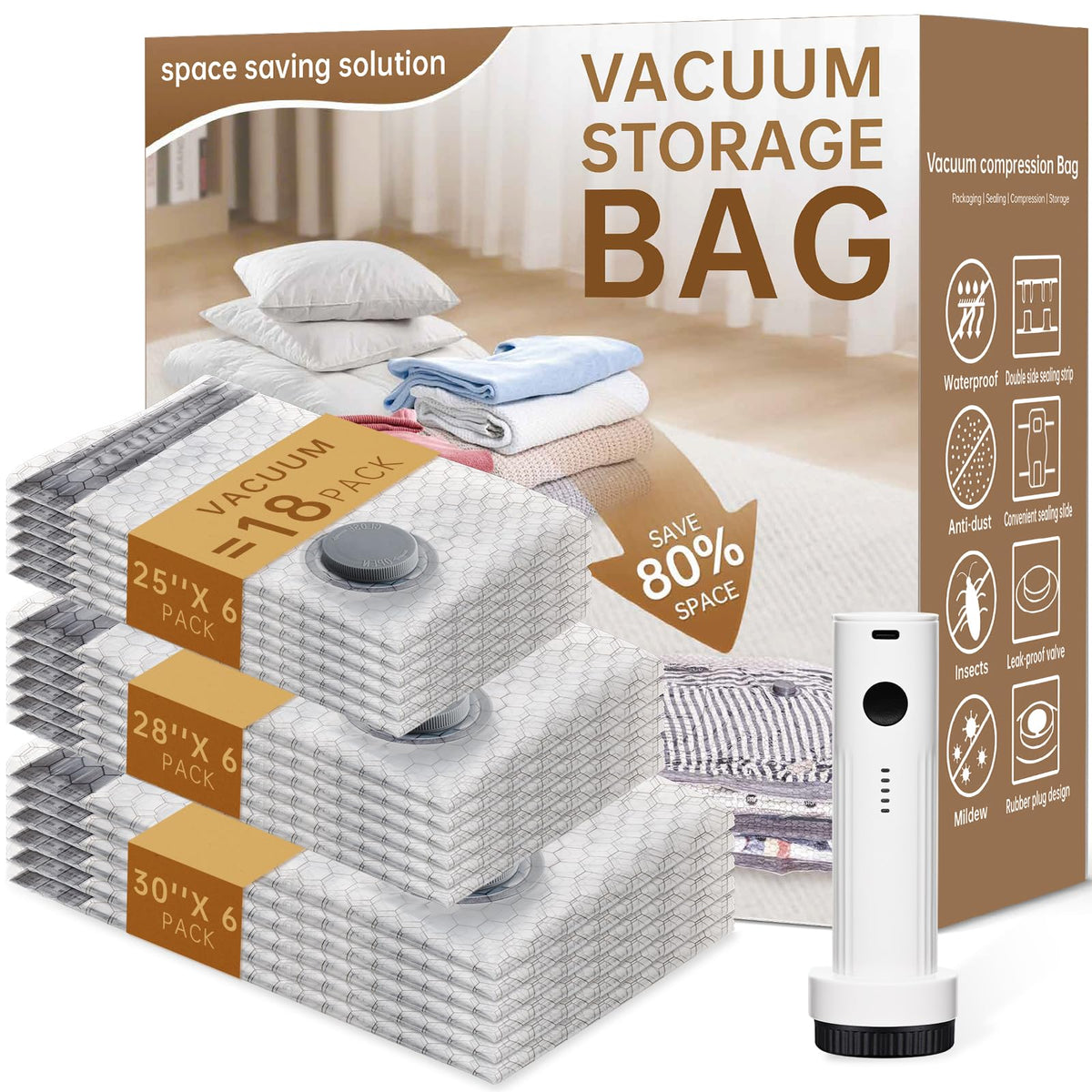 Vacuum Bags for Travel with Wireless Rechargeable Pump, 18 Pack Carry-on Size Compression Packing Seal Bags for Luggage and Suitcase, Space Saver Vacuum Storage Bags for Clothes and Clothing Travel