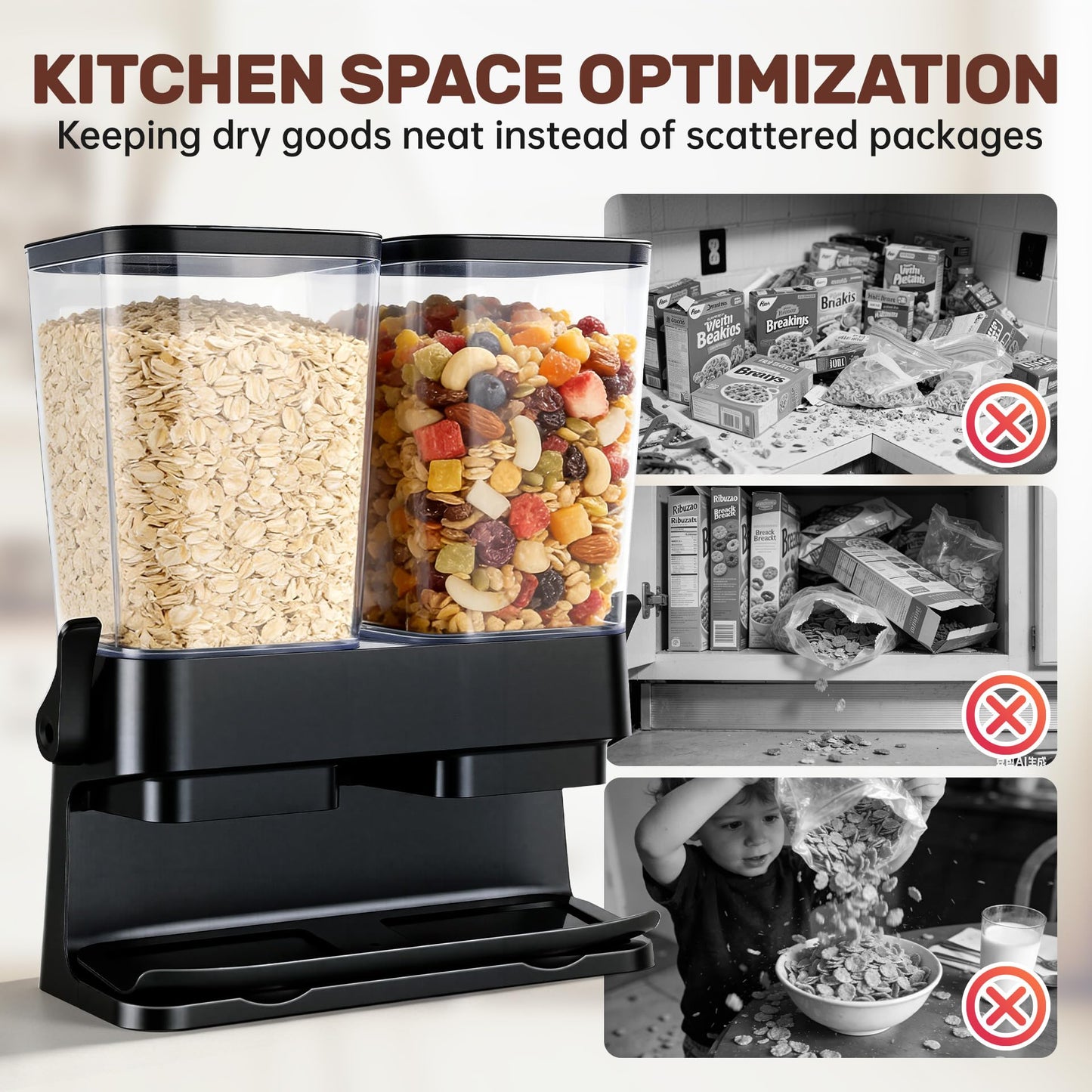 Adorabby Cereal Dispenser Countertop 2 Pack, Double 3L Airtight Cereal Storage Container for Kitchen Pantry, Large Capacity Clear Dry Food Organizer For Cereal, Nuts, Coffee Beans, Pet Food