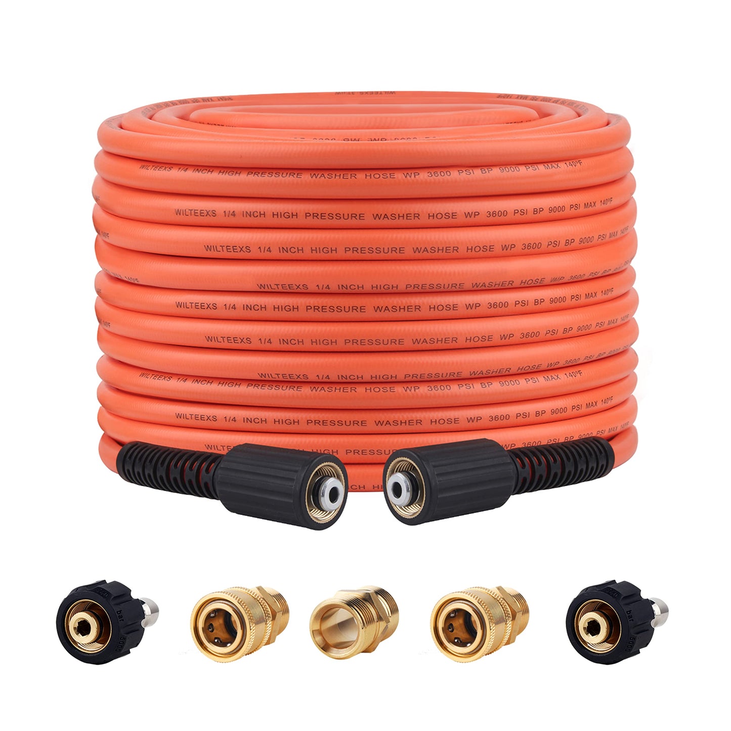 WILTEEXS Pressure Washer Hose 50FT X 1/4’’, Kink Resistant Power Washer Hose Kits with M22-14mm x 3/8" Quick Connect Extension Adapter Replacement for Universal Pressure Washer, 3600PSI