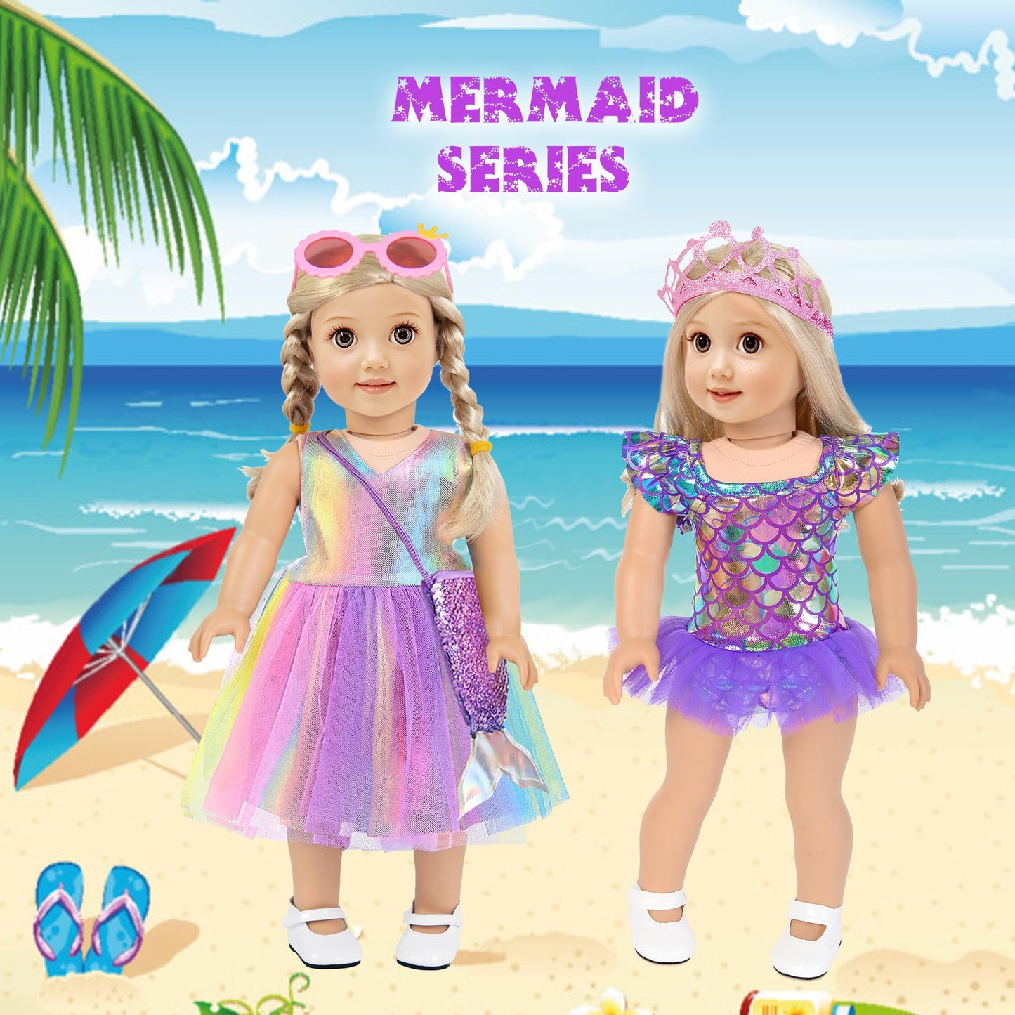 ebuddy 18 Inch Doll Clothes and Travel Accessories Set - Mermaid Themed Play Set for 18" Dolls, Includes Mermaid Tail, Dresses, Suitcase, Camera & More (Doll Not Included)
