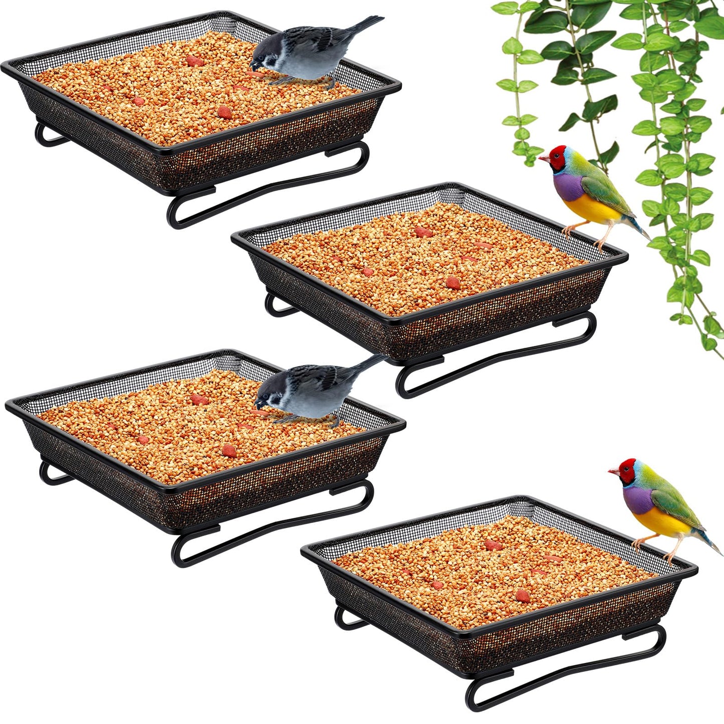 Nuogo 4 Pcs Platform Bird Feeder 7 Inches Ground Bird Feeder Tray for Outside Metal Squirrel Feeders Rust Resistant Mesh Seed Tray Garden Yard Decoration for Outdoor Wild Dove(Square)