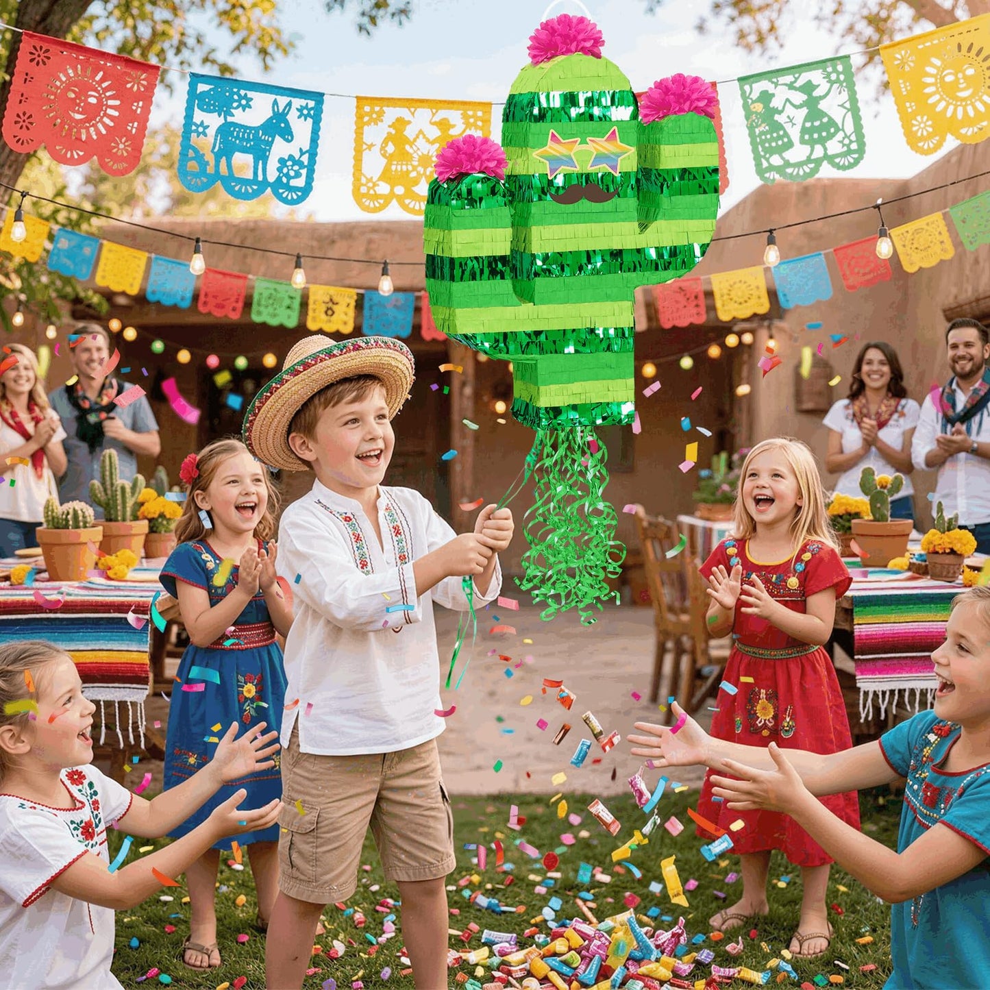 WERNNSAI Cactus Pinata - Mexican Fiesta Party Decorations Tropical Hawaiian Pinata with Stick and Blindfold Cinco de Mayo Supplies Summer Luau Taco Bar Decor Green Cactus Photo Prop