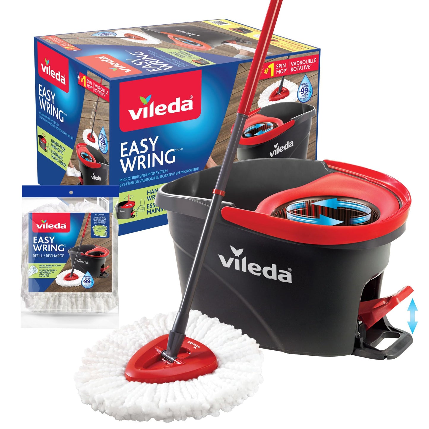 Vileda EasyWring Spin Mop System with 1 Extra Head Refill | Machine Washable & Reusable Mop Head | Hands-Free Wringing Mop Bucket | Extendable Handle | Safe on All Floor Types