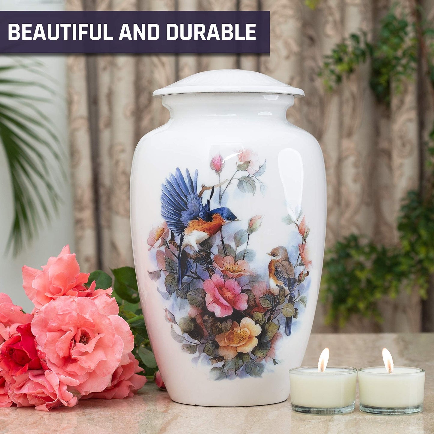 BOLD & DIVINE Birds Cremation Urn | Human Ashes Adult Memorial urn, Burial, Funeral Cremation Urns | 200 Cubic Inches (Large/Adult Urn) with Unique Velvet Bag