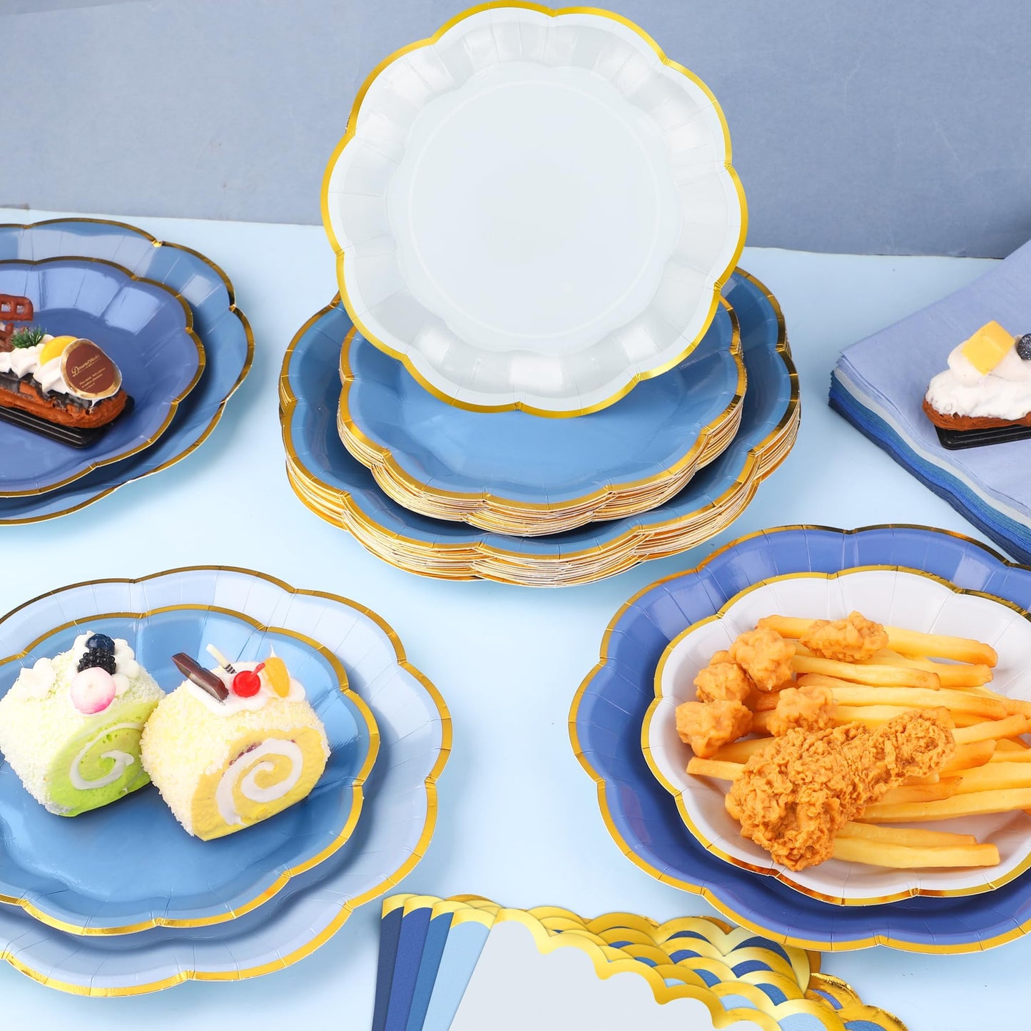 Kochorie 100 Pcs Dusty Blue Paper Plates and Napkins Gold Foil Scalloped Paper Plates & Napkins Disposable Tableware Set for Birthday Wedding Baby Shower Party Decorations