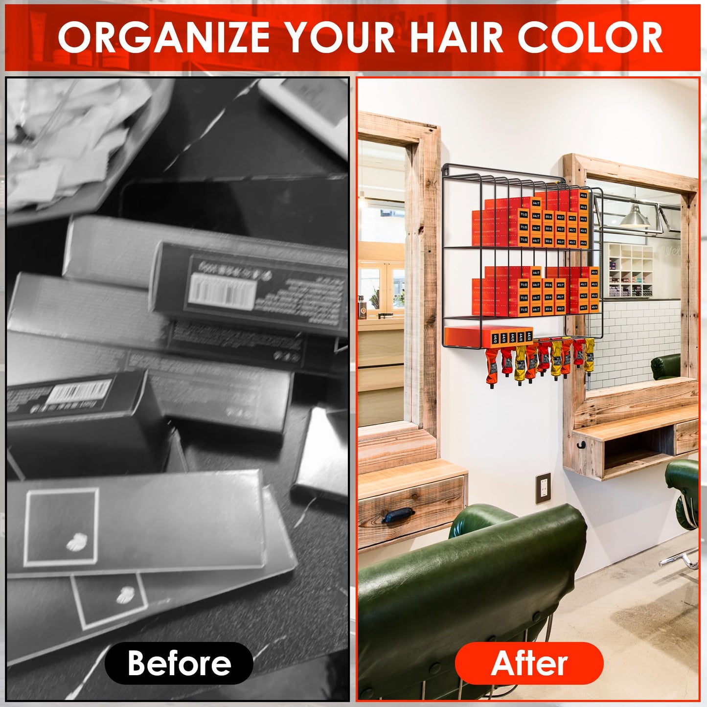 Yeshine Large Hair Color Organizer - 2-Tier Metal Rack for Salon Storage, Wall Mount Tube Holder, Black