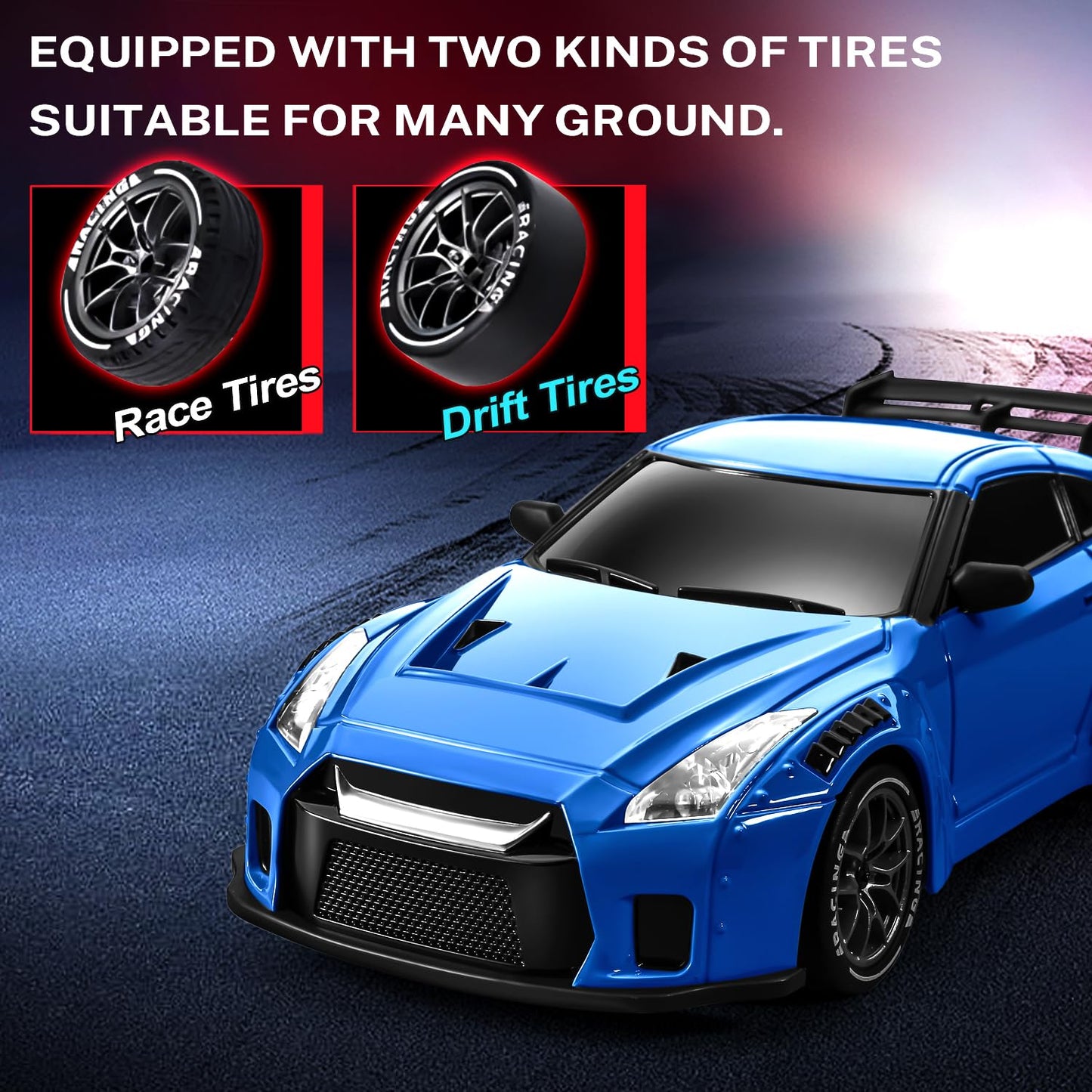 ACAMMZAR RC Drift Car, 1:24 Remote Control Car for Kids, 20KM/H 4WD High Speed RC Cars with Lights, Extra Racing Tires, Vehicle for Adults Boys Girls, Dark Blue