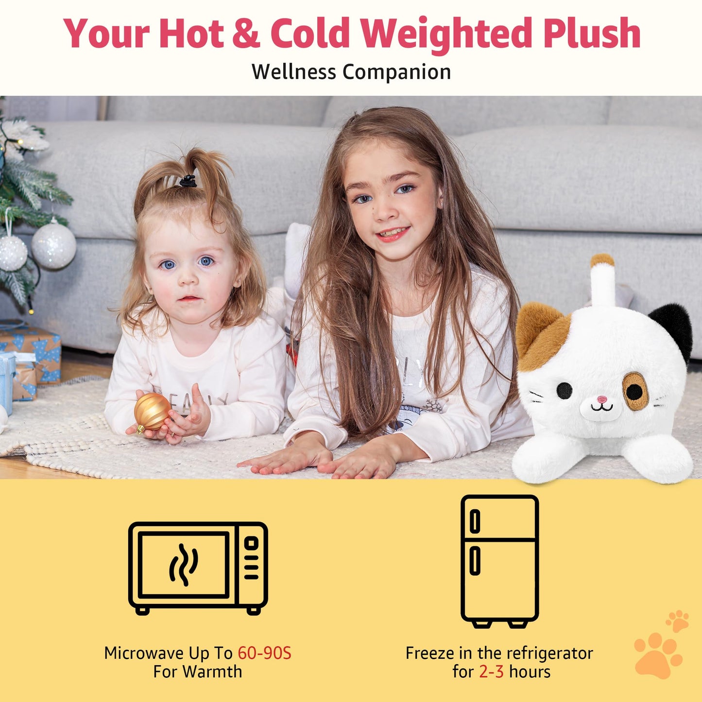 Onsoyours Original Heatable & Weighted Calico Cat Stuffed Animals, 15 inch Microwavable Kitten Plushie for Warmth & Stress Relief - Comfort Soft Plush Toys for Kids and Adults