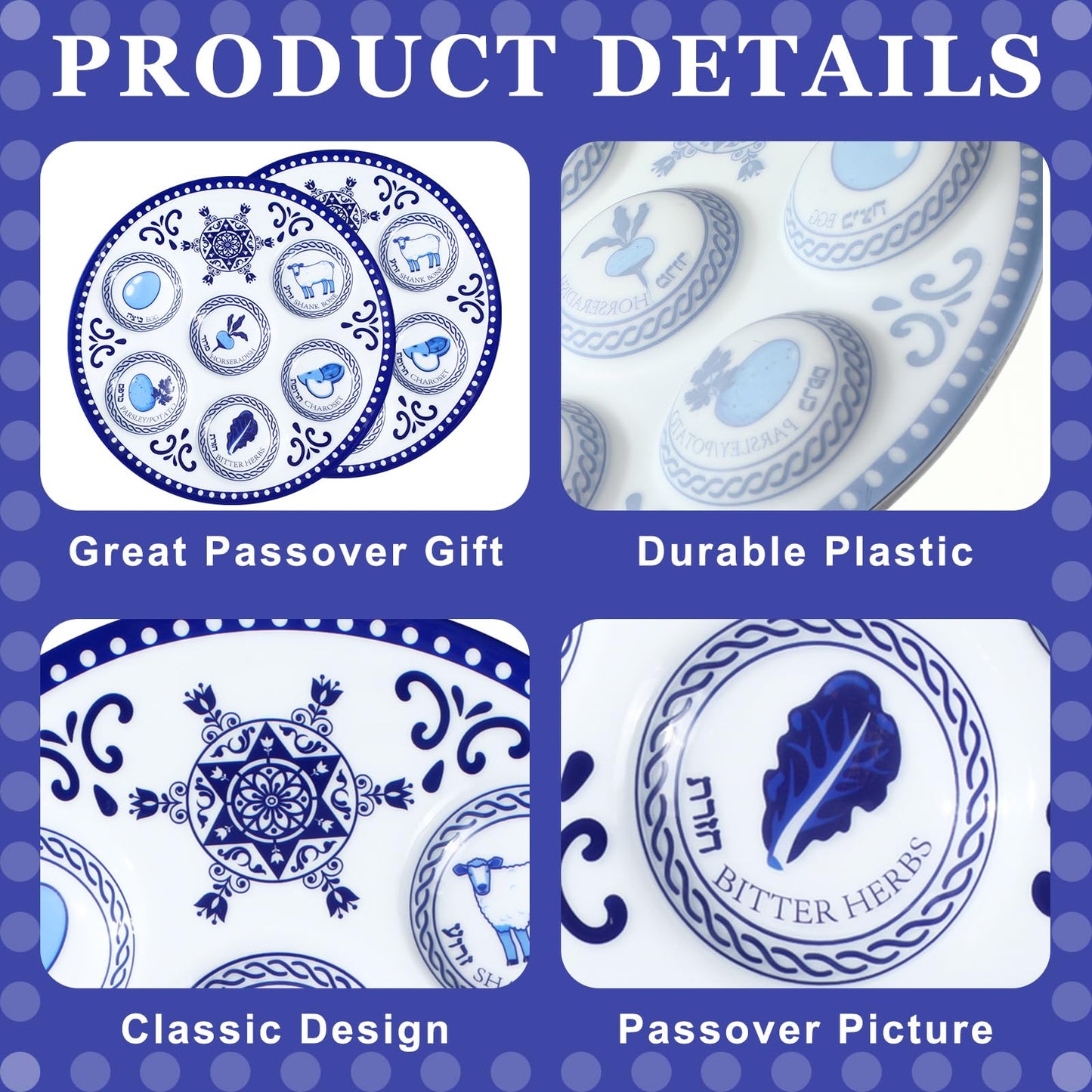Jingmore 6 Pack Passover Decorations Seder Plates Plastic Pesach Plate Passover Seder Dish for Pesach Feast Party Favors 10 Inch (Blue Renaissance)