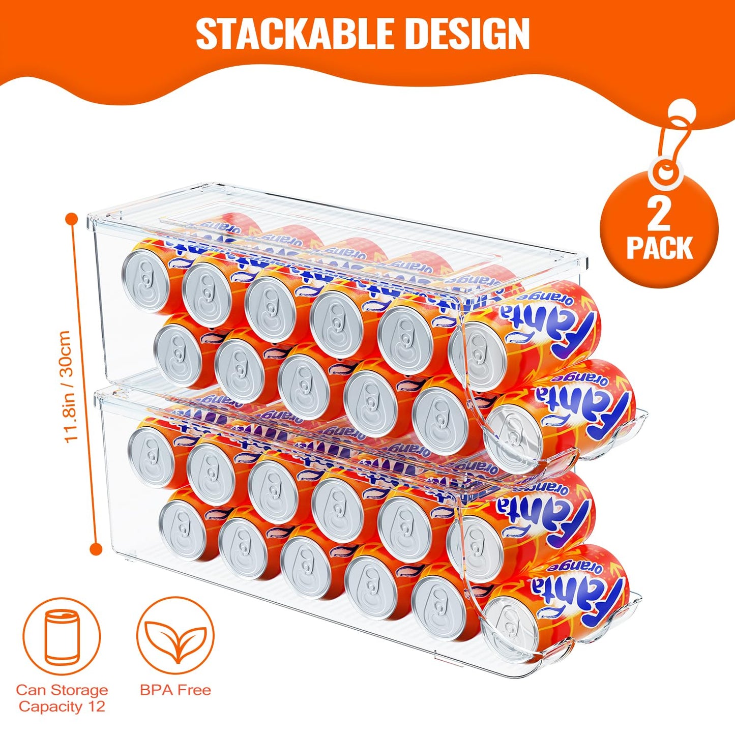 SCAVATA Soda Can Organizer for Refrigerator, Stackable Canned Food Pop Cans Container Can Holder Dispenser with Lid for Fridge Rack Freezer, Clear Storage Bins-Holds 12 Cans Each (2 Pack)