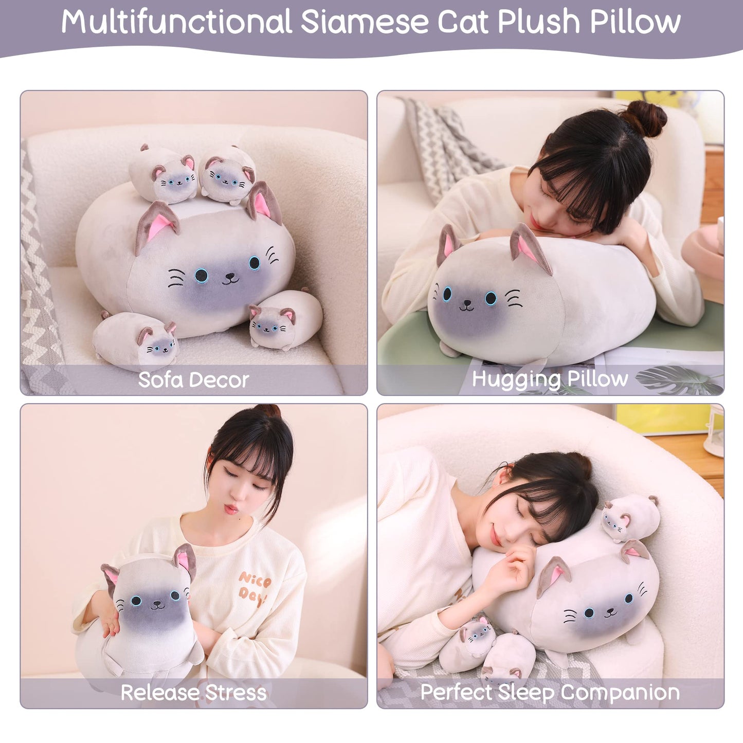 SQEQE Siamese Cat Plush, Cute Siamese Cat Stuffed Animals Mommy with 4 Squishy Kitties in Her Tummy, Soft Plushies Pillow Gifts for Kids