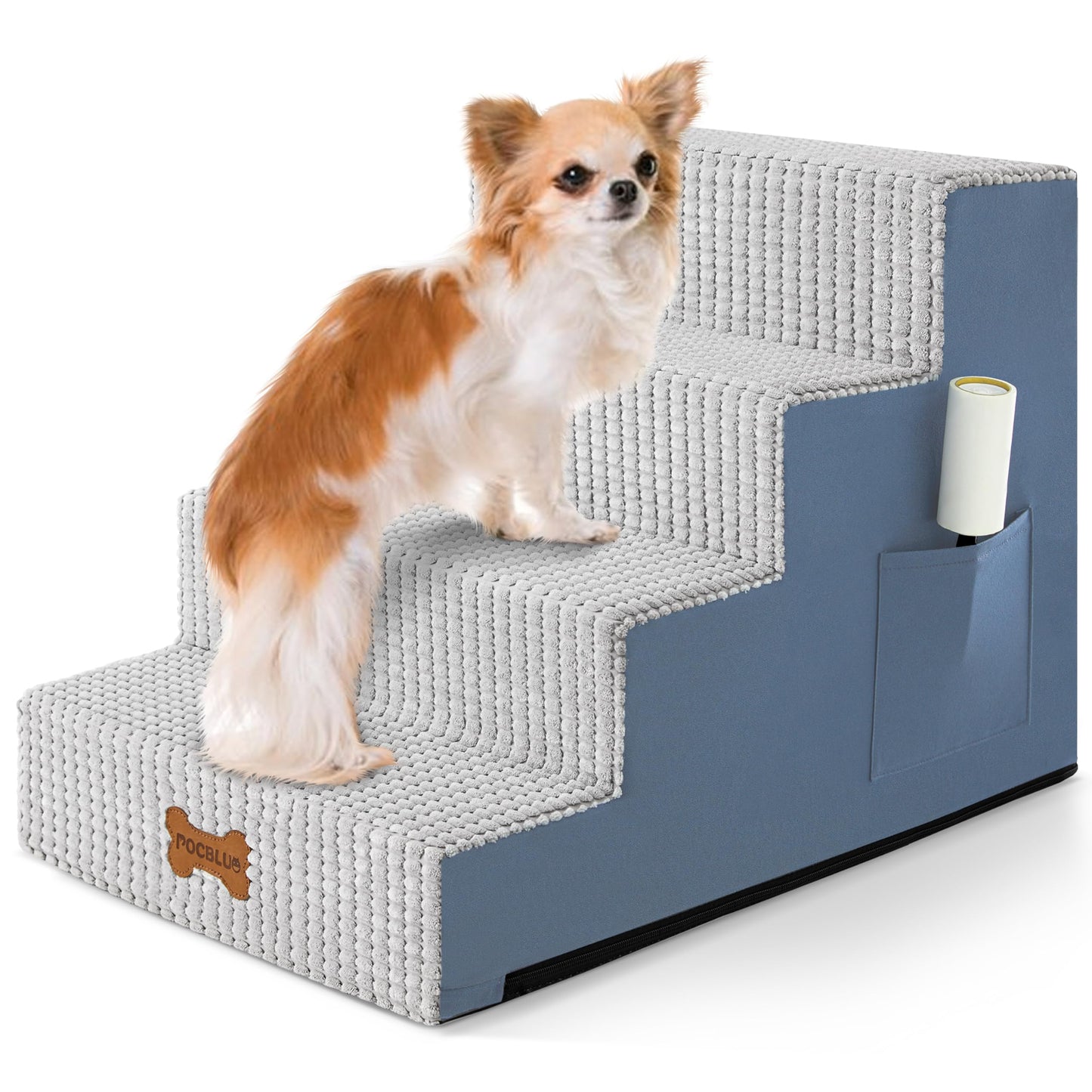 POCBLUE Dog Stairs for Small Dogs and Cats 17.7" H, 4-Step Pet Step for High Bed or Couch, Non-Slip Balanced Pet Ramp Indoor with High-Density Foam and Washable Cover, Grey
