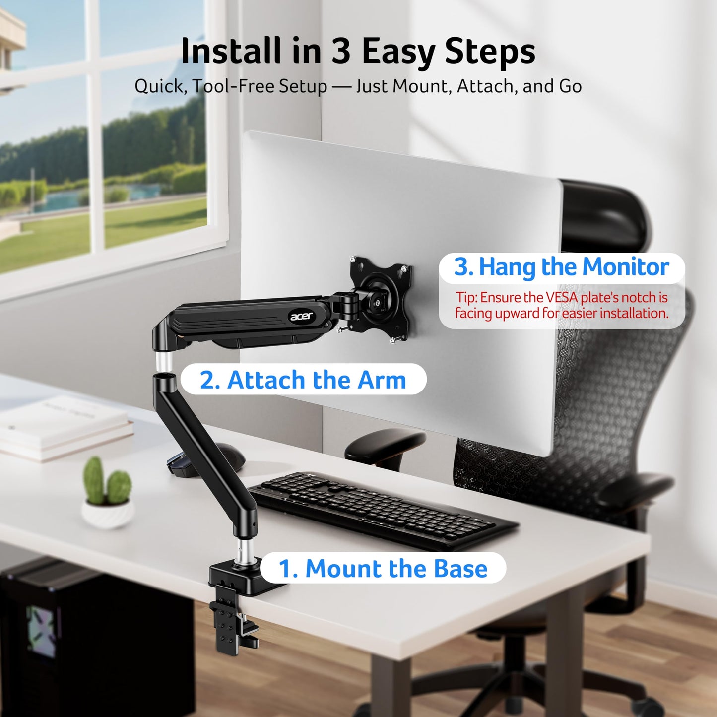 Acer Single Monitor Arm, 17 to 34 Inch Gas Spring Monitor Stand, Adjustable Desk Mount with VESA 75/100mm, C-Clamp/Grommet Base for 4.4 to 19.8lbs LCD Monitor