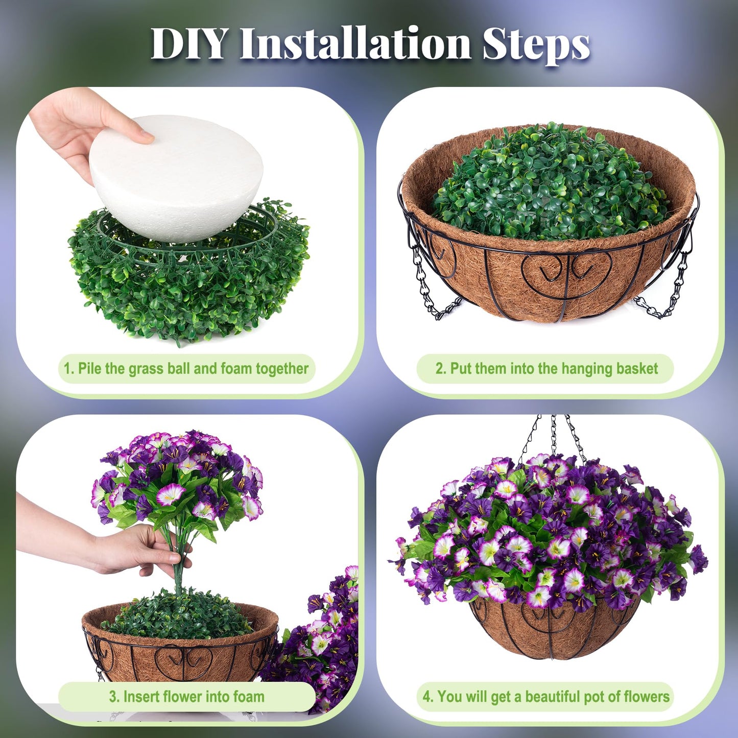 Ammyoo Artificial Hanging Flowers 12 inch Basket, Faux Silk Petunias Flower Arrangement,Coconut Lining Pot Planter with Morning Glories Patio Garden Porch Deck Spring Summer Decor(Purple Edge)