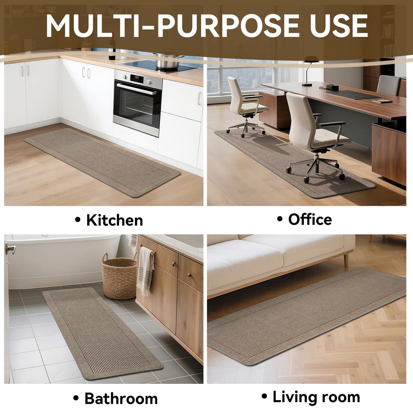 Kitchen Mats for Floor, 17''x30''+17''x59''Kitchen Rugs Set of 2, Washable Non Slip Absorbent Kitchen Mat, Braided Kitchen Runner Rug, Kitchen Sink Rug, Brown