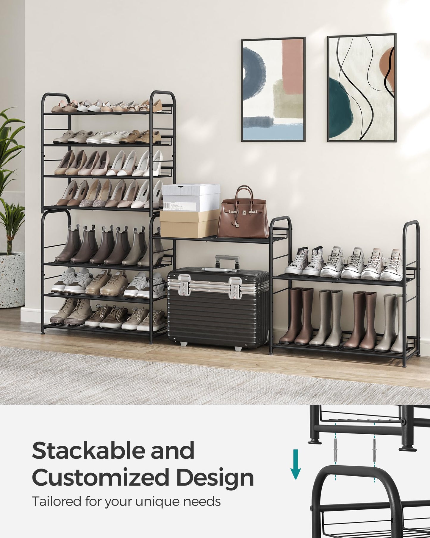 SONGMICS Stackable Shoe Rack, 4-Tier Shoe Storage Organizer, Hold up to 16 Pairs, Black ULMR067B01