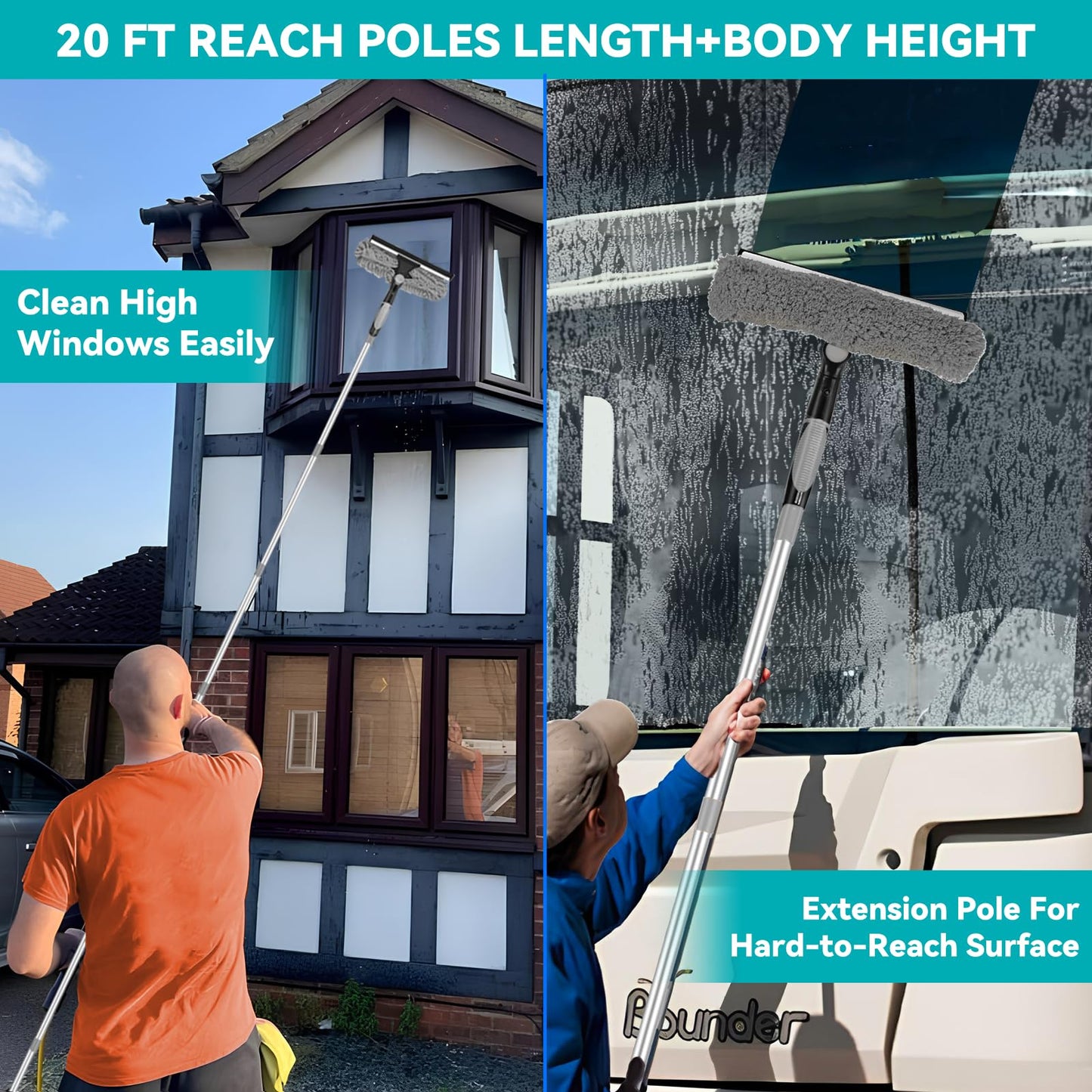 2-in-1 squeegee for window cleaning: 20+ Ft Long Reach cleaner tool with extension pole in home office commercial building Skylight Floor Ceiling Wall Dusting for Homeowner Car Enthusiast DIY Cleaners