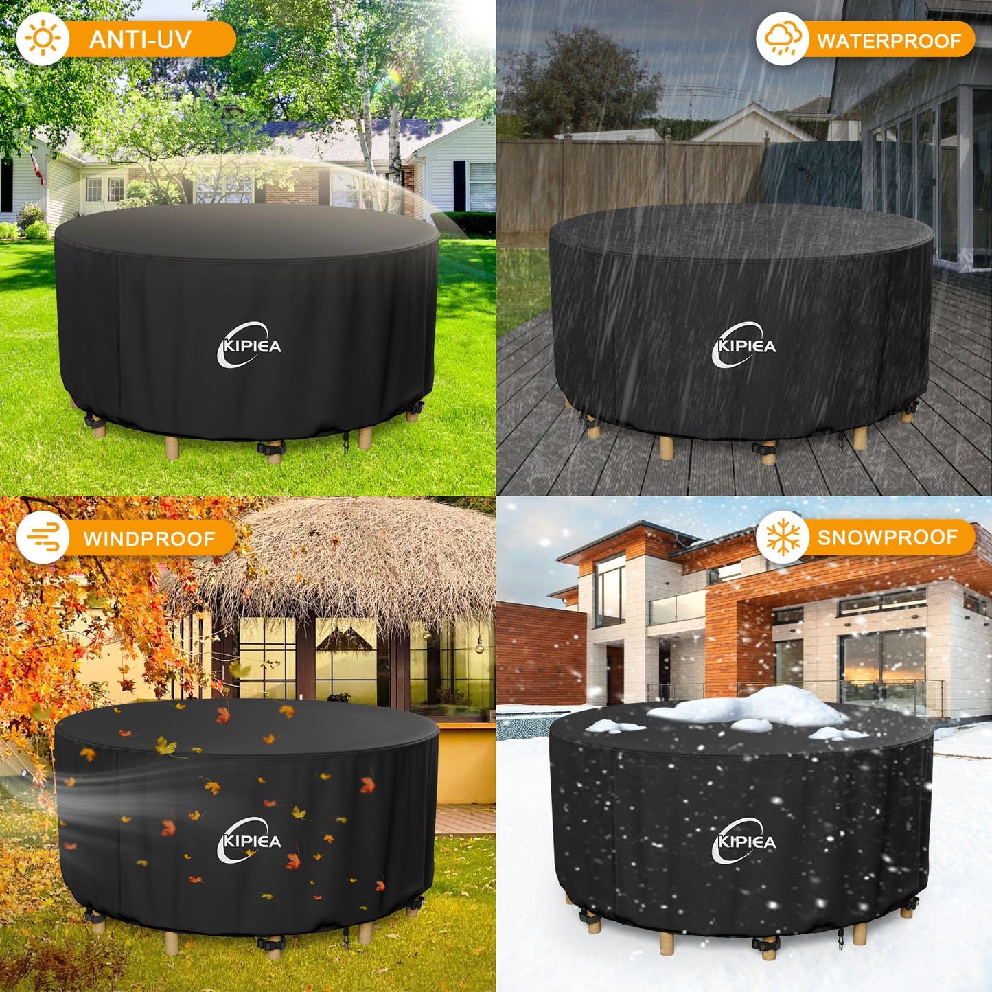 Kipiea Round Patio Table Cover 96" Dia x 36" H, Super Waterproof Round Patio Furniture Cover, Heavy-Duty Round Outdoor Table Cover for Outdoor Furniture Set, UV and Tear Resistant