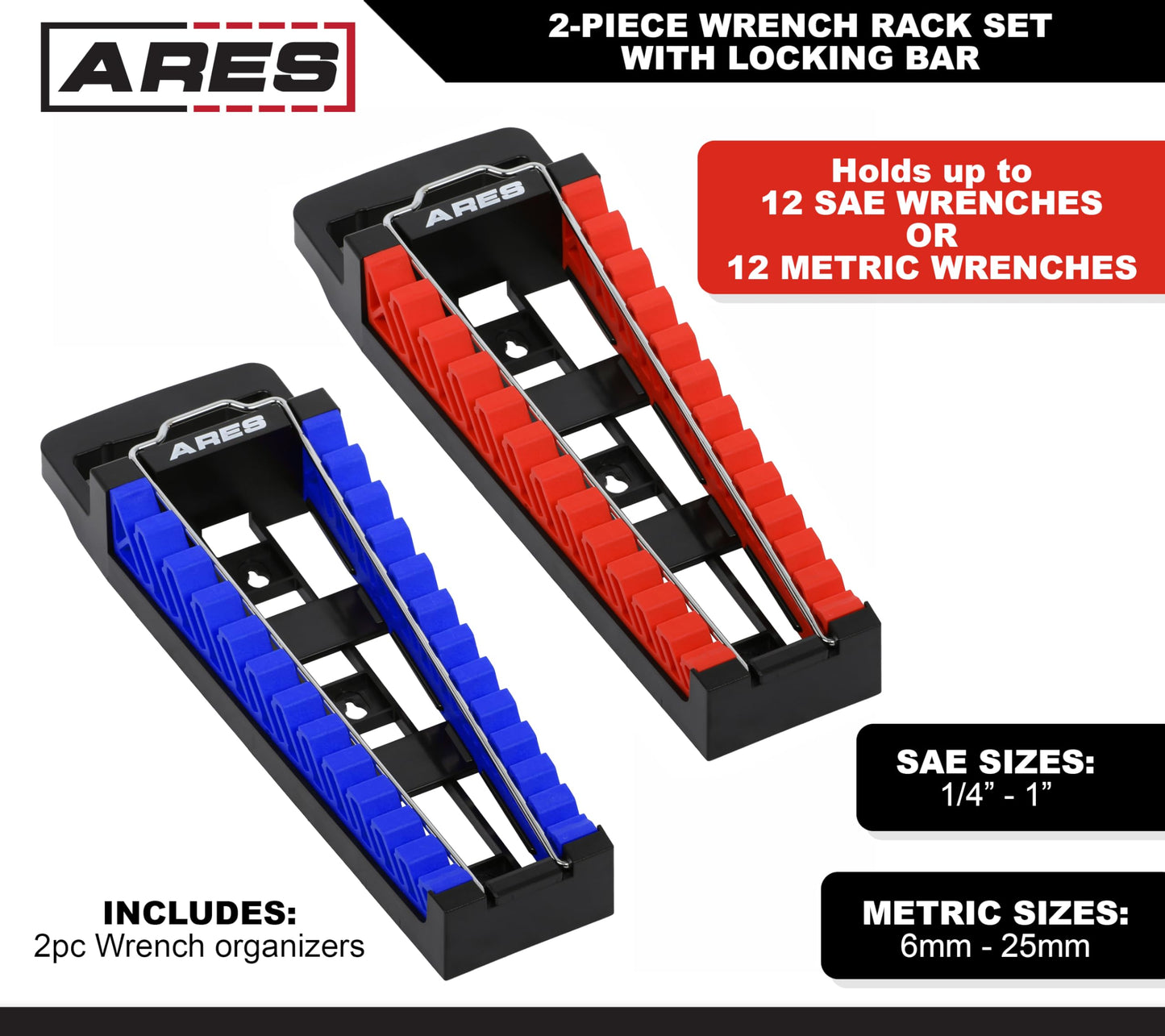 ARES 62043 – 2-Piece Wrench Rack Set with Locking Bar - SAE Rack Holds 1/4-Inch to 1-Inch Sizes - Metric Holds 6 to 25mm Sizes – Locking Metal Clip Secures Wrenches